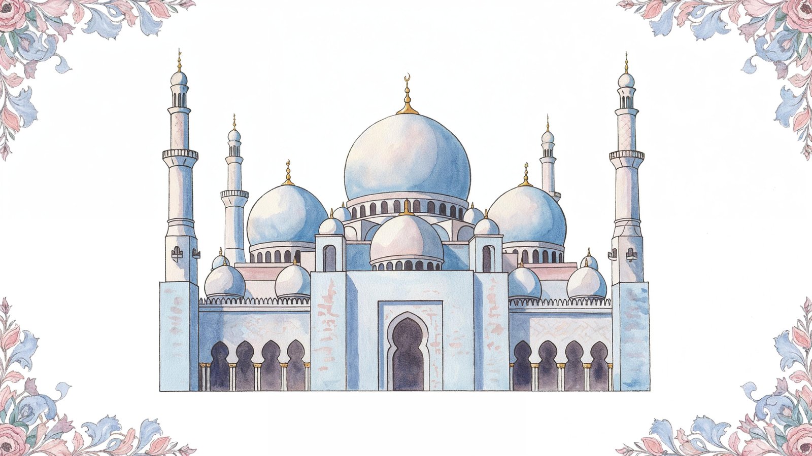 Classic Islamic Mosque Watercolor Illustration with Elegant Architectural Details