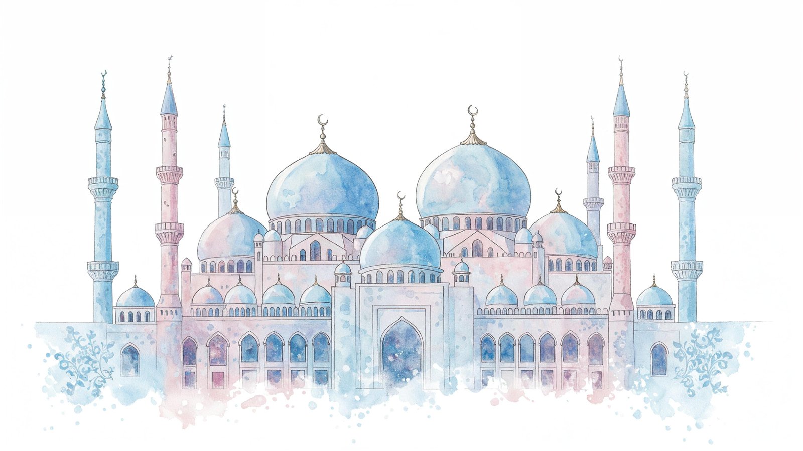 Classic Islamic Mosque Watercolor Illustration with Elegant Architectural Details