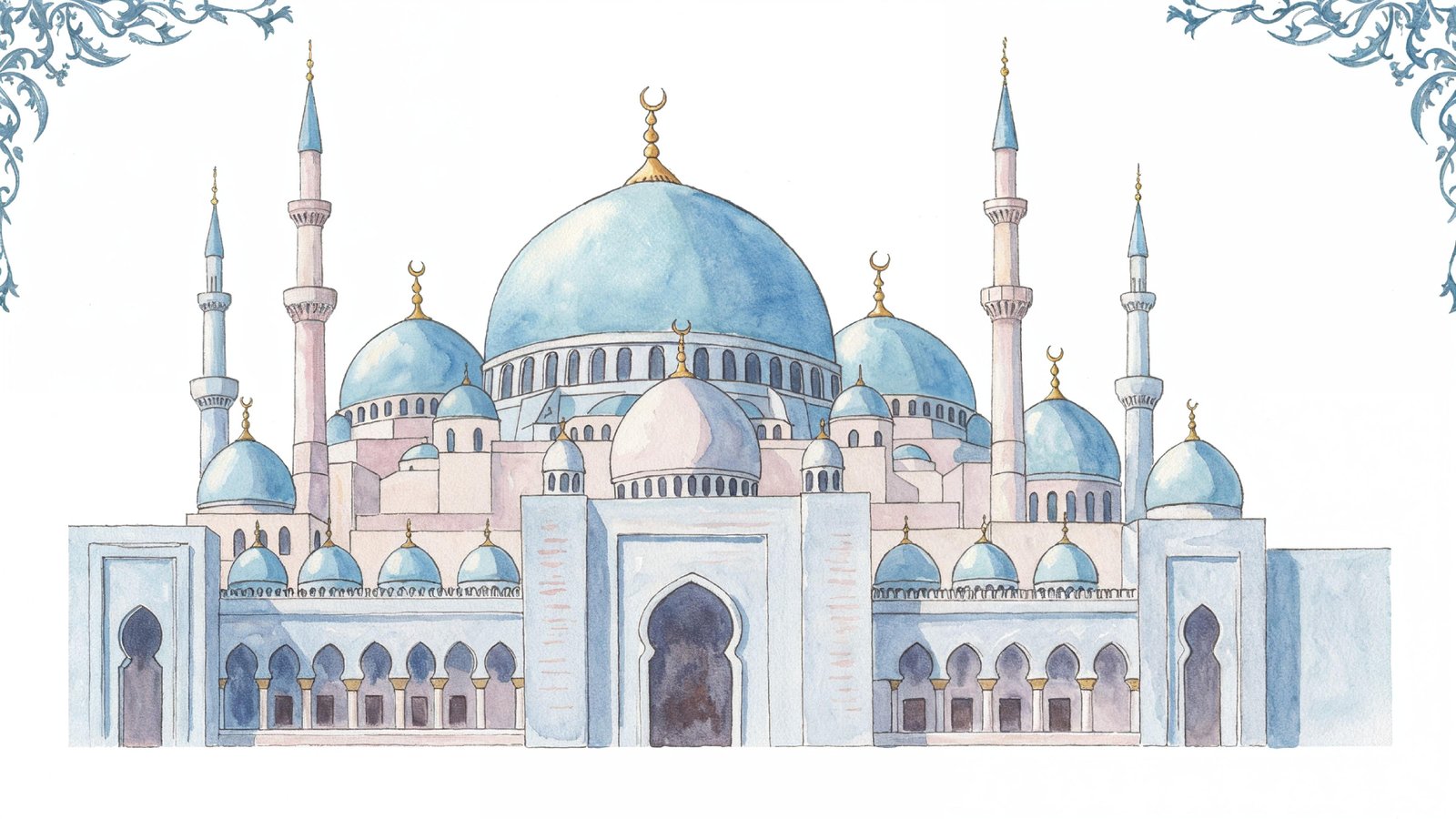 Classic Islamic Mosque Watercolor Illustration with Elegant Architectural Details