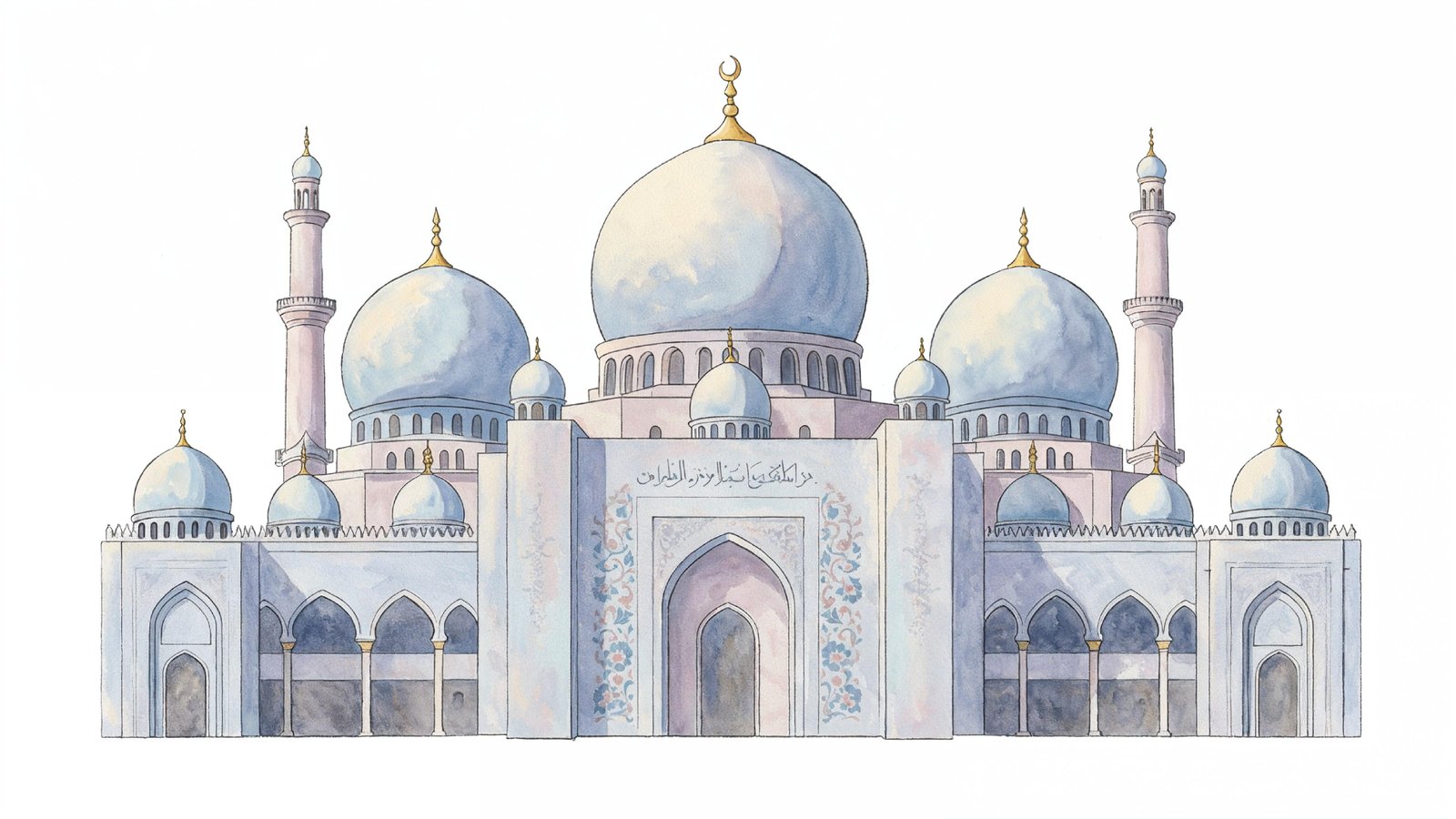 Classic Islamic Mosque Watercolor Illustration with Elegant Architectural Details