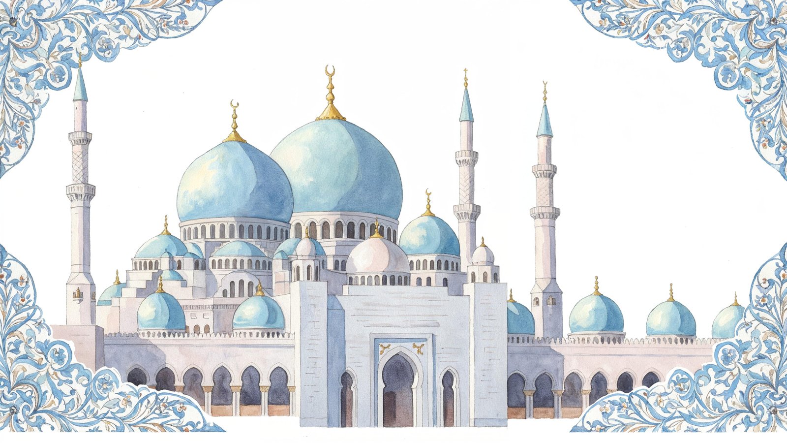 Classic Islamic Mosque Watercolor Illustration with Elegant Architectural Details
