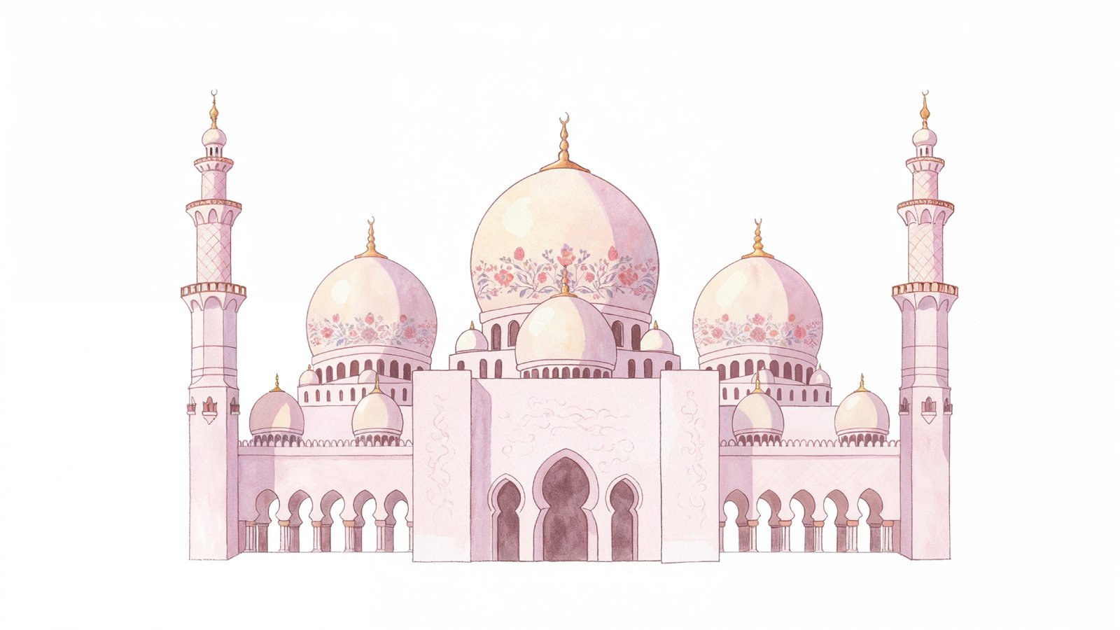 Classic Islamic Mosque Watercolor Illustration with Elegant Architectural Details