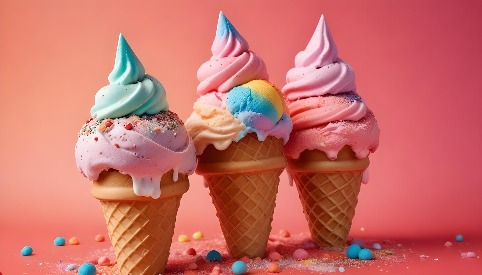 Colorful Soft Serve Ice Cream Cones with Whimsical Dessert Theme Background