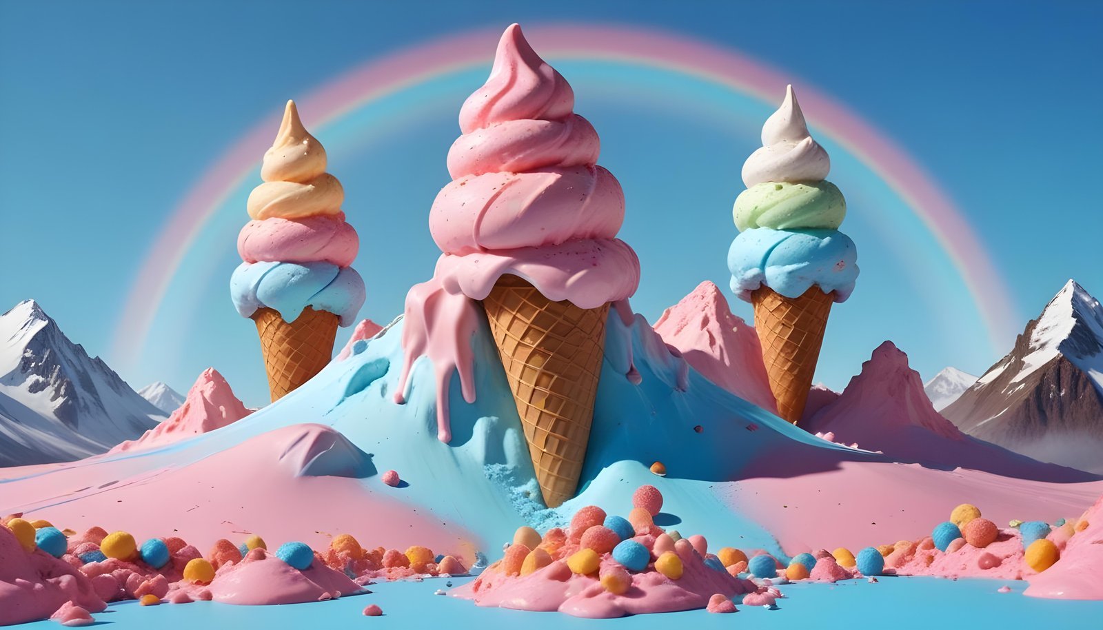 Colorful Soft Serve Ice Cream Cones with Whimsical Dessert Theme Background