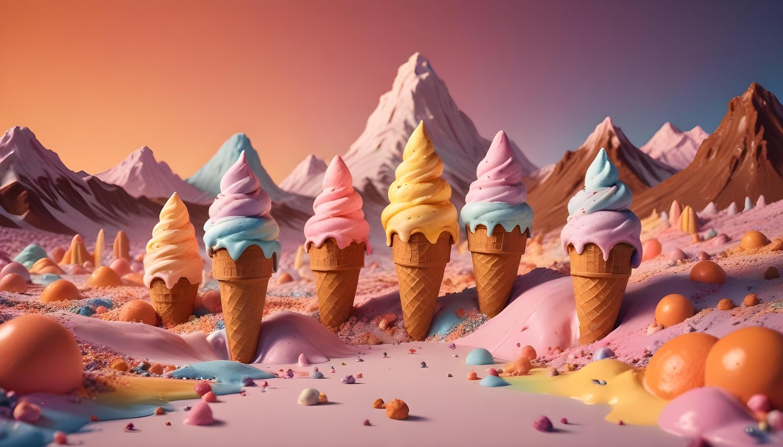 Colorful Soft Serve Ice Cream Cones with Whimsical Dessert Theme Background