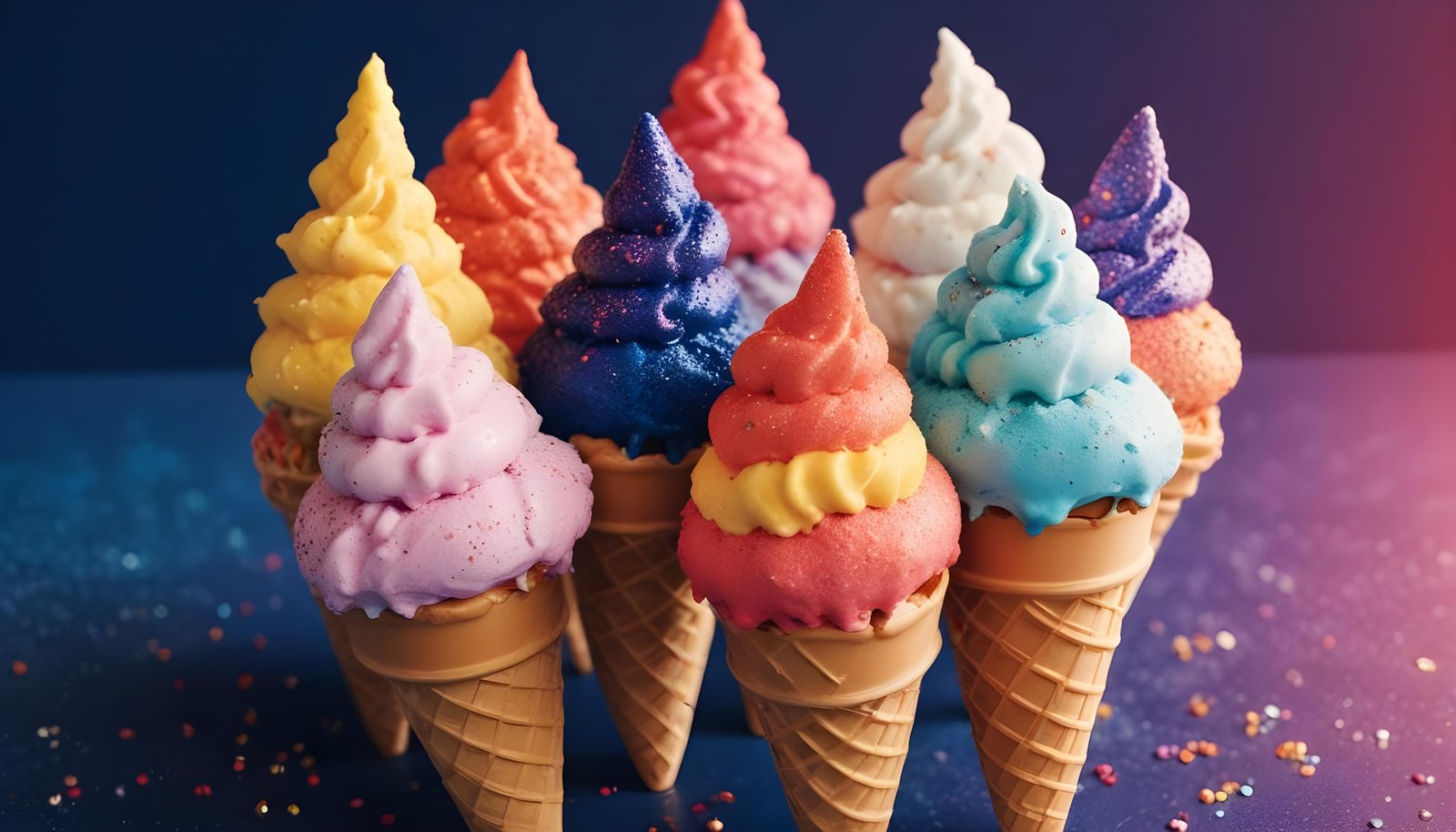 Colorful Soft Serve Ice Cream Cones with Whimsical Dessert Theme Background