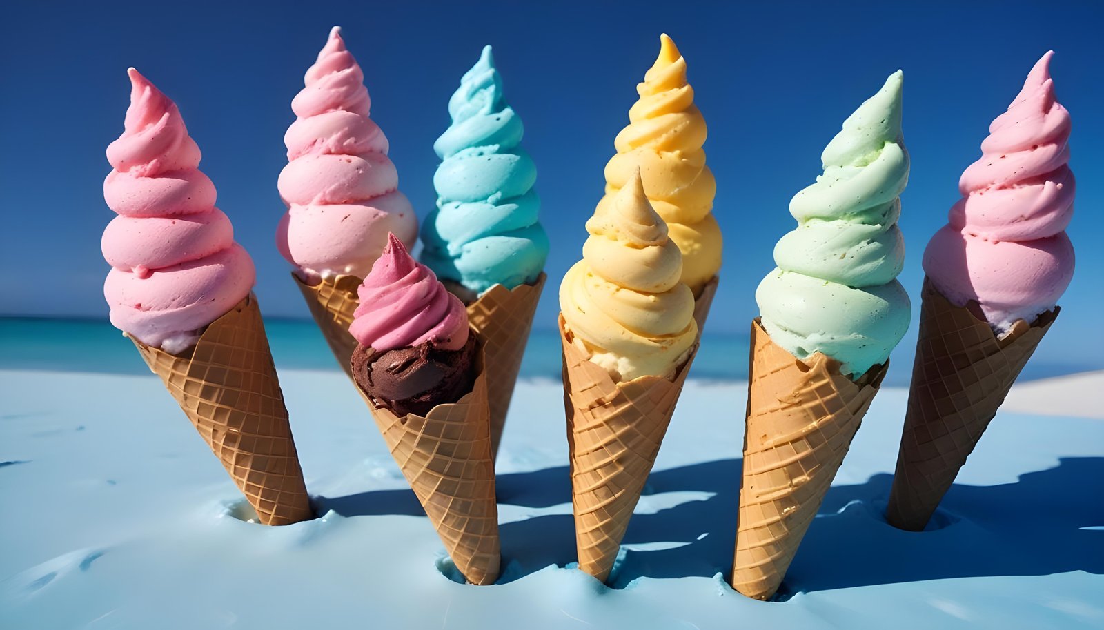 Colorful Soft Serve Ice Cream Cones with Whimsical Dessert Theme Background