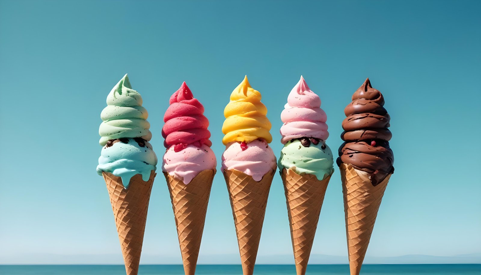 Colorful Soft Serve Ice Cream Cones with Whimsical Dessert Theme Background
