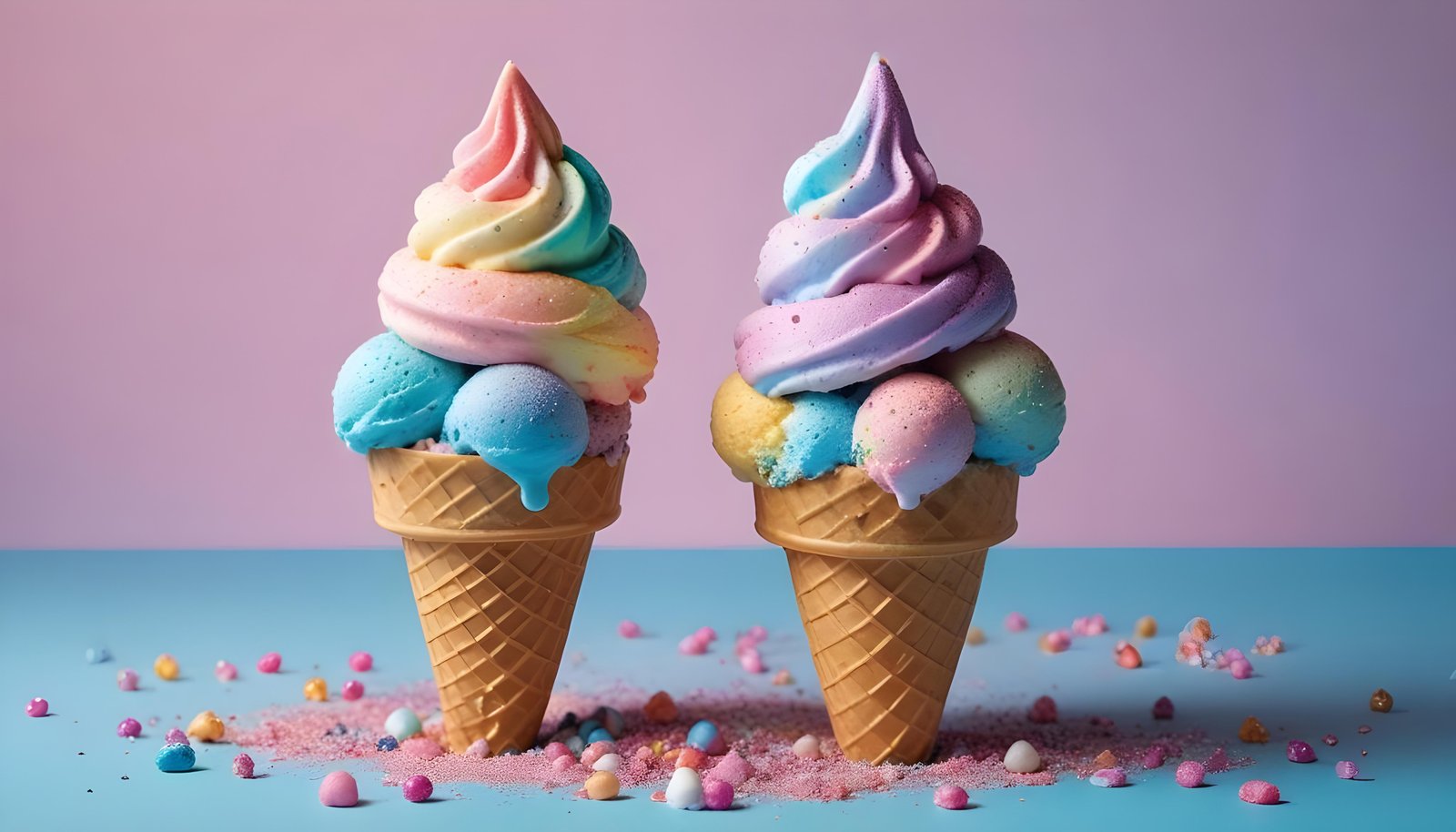 Colorful Soft Serve Ice Cream Cones with Whimsical Dessert Theme Background