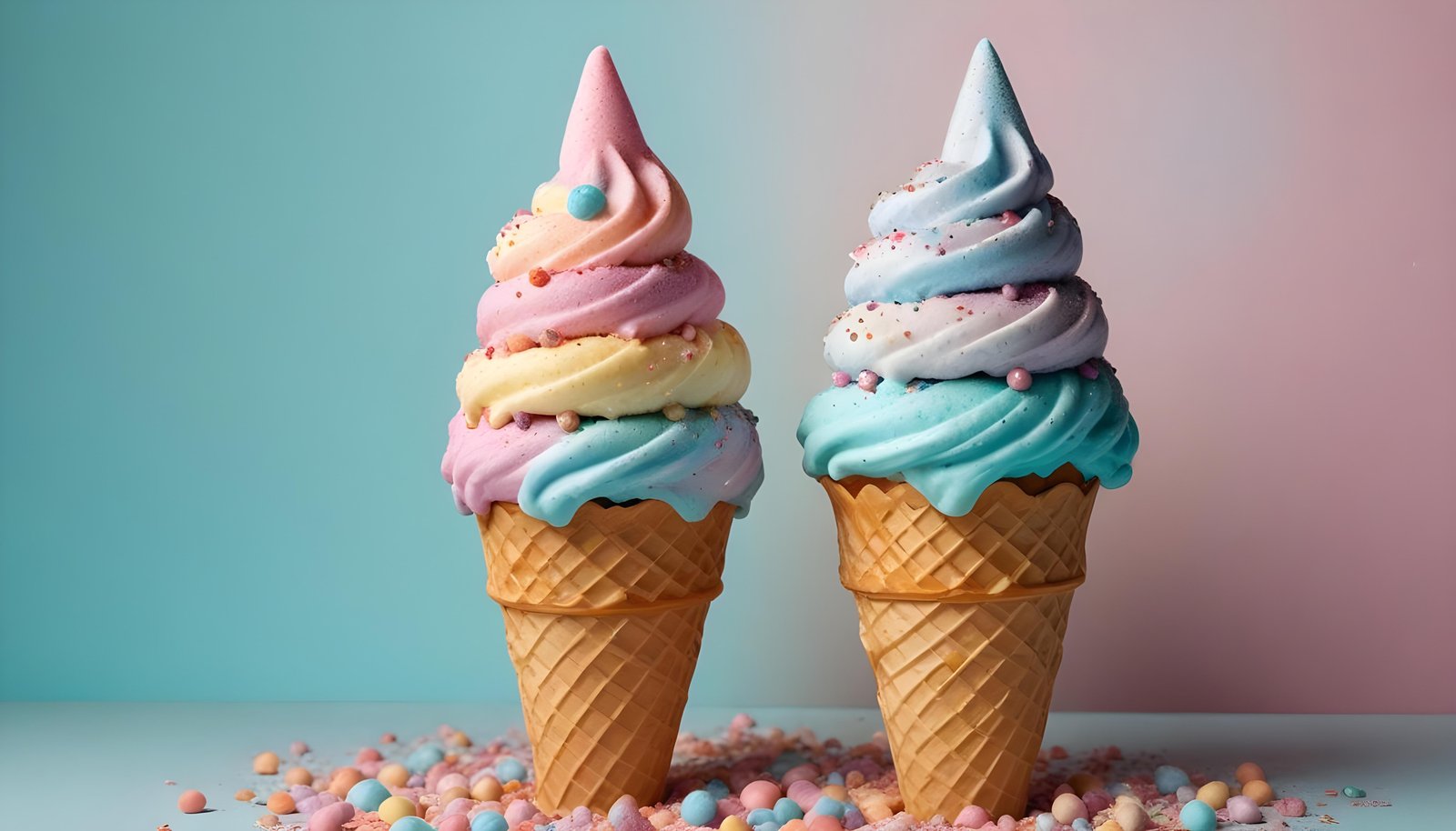 Colorful Soft Serve Ice Cream Cones with Whimsical Dessert Theme Background