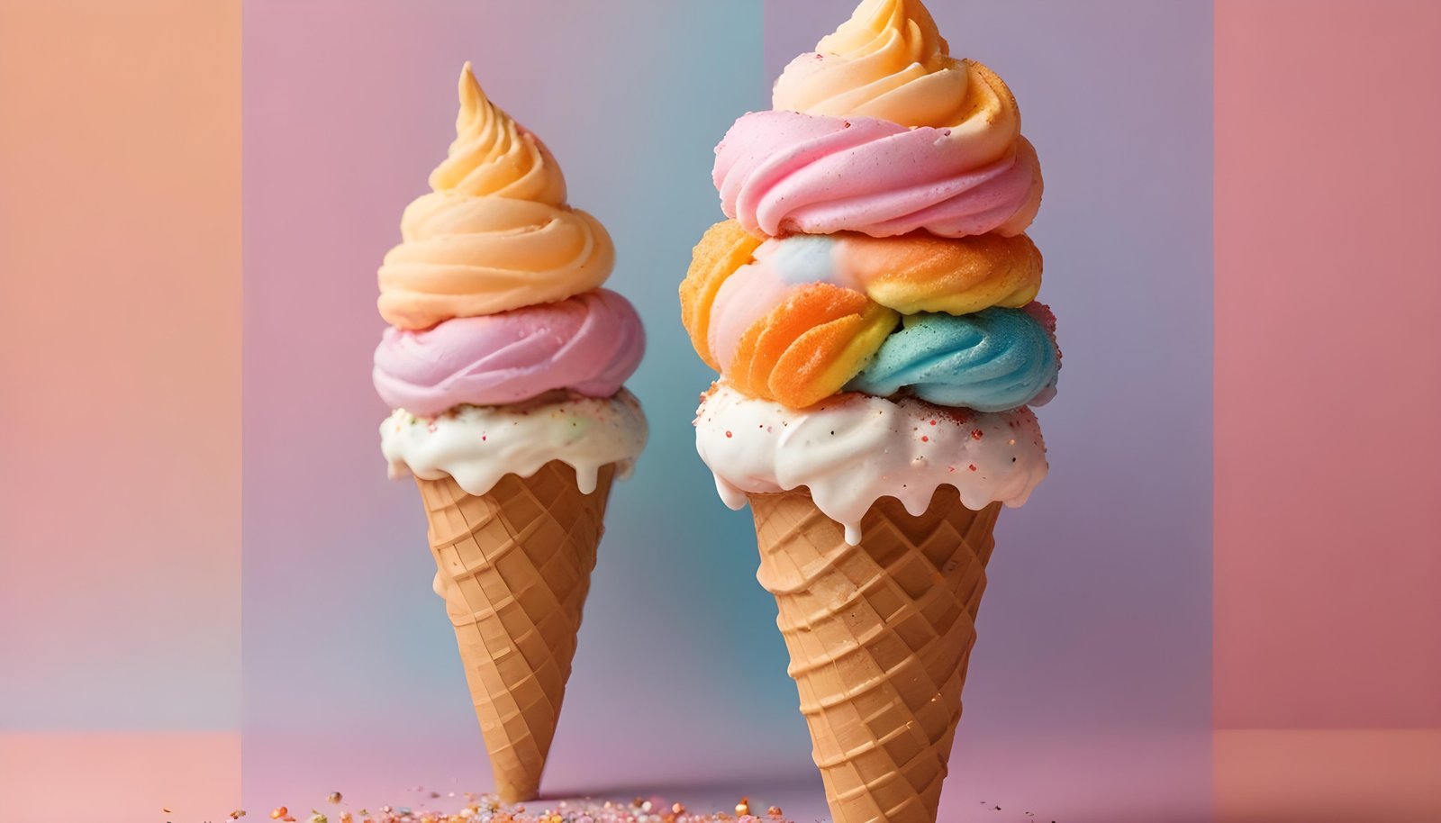 Colorful Soft Serve Ice Cream Cones with Whimsical Dessert Theme Background
