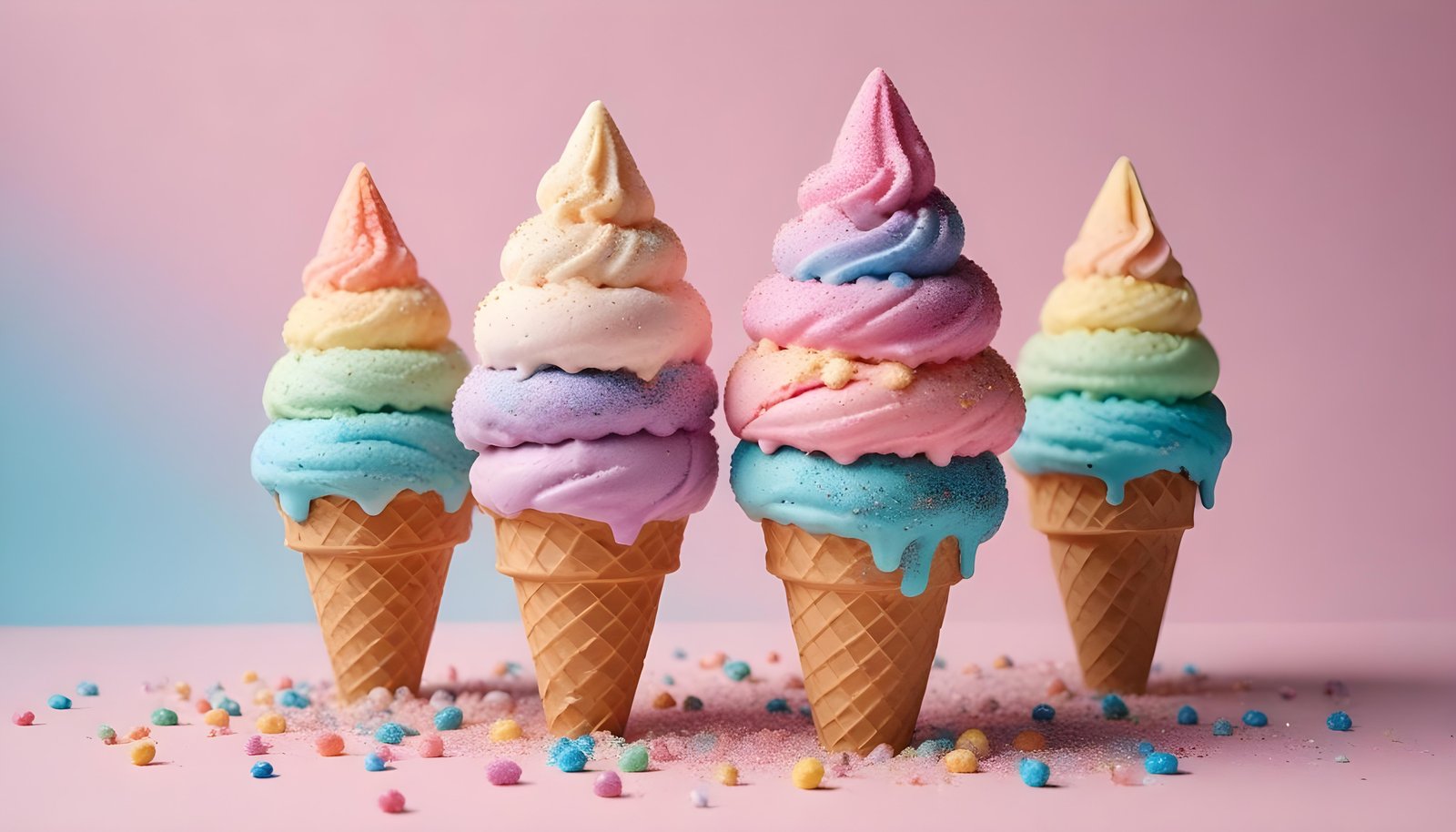 Colorful Soft Serve Ice Cream Cones with Whimsical Dessert Theme Background