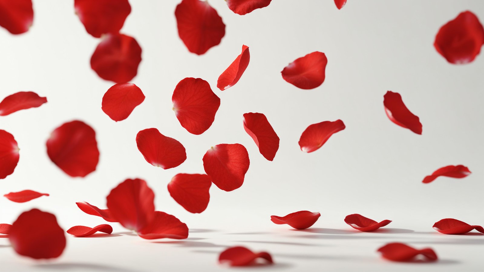 Falling Red Rose Petals in Motion on White Background