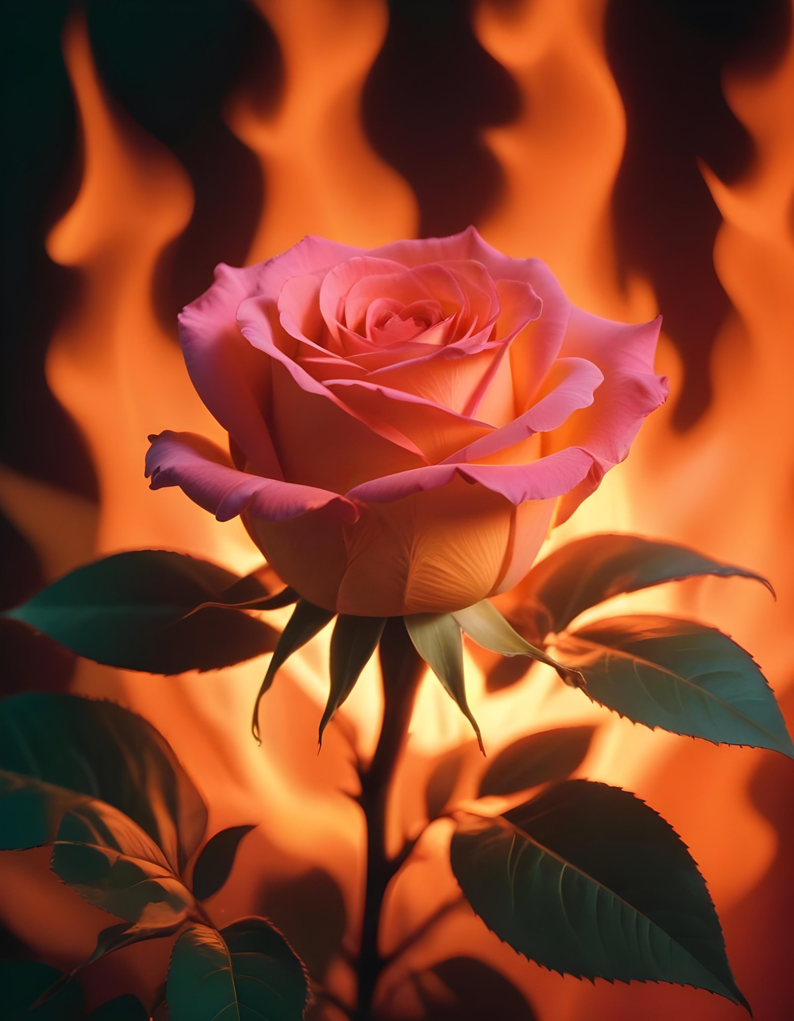 Fantasy Rose Flower with Fire and Glowing Flames Artistic Illustration