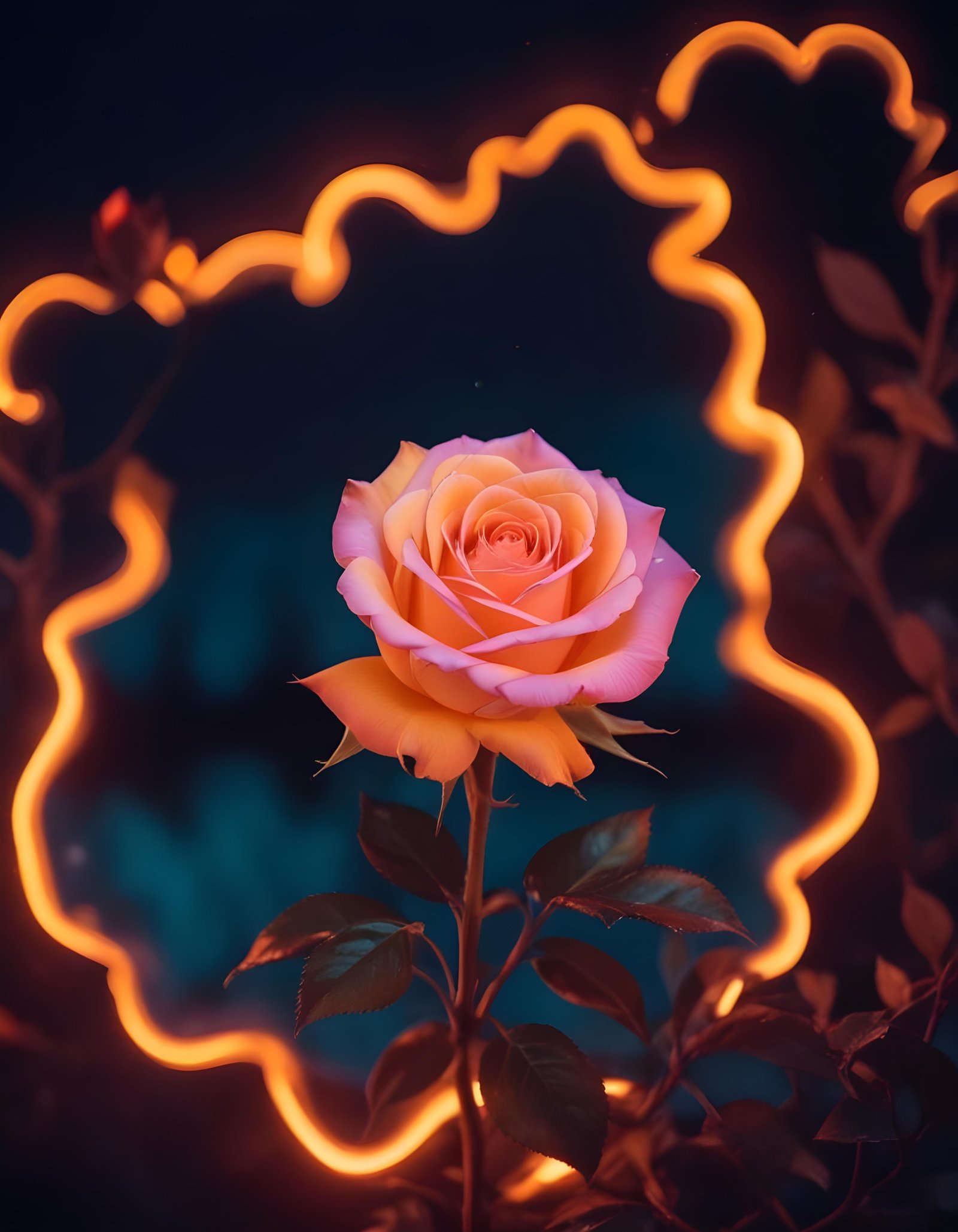 Fantasy Rose Flower with Fire and Glowing Flames Artistic Illustration