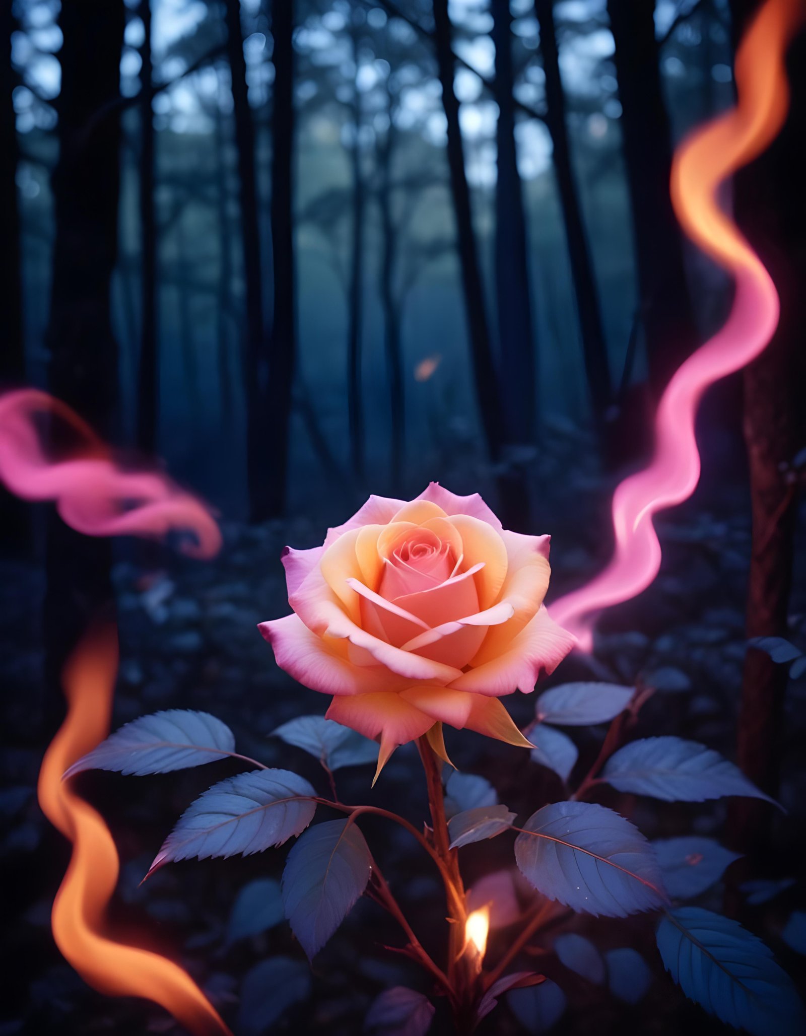 Fantasy Rose Flower with Fire and Glowing Flames Artistic Illustration