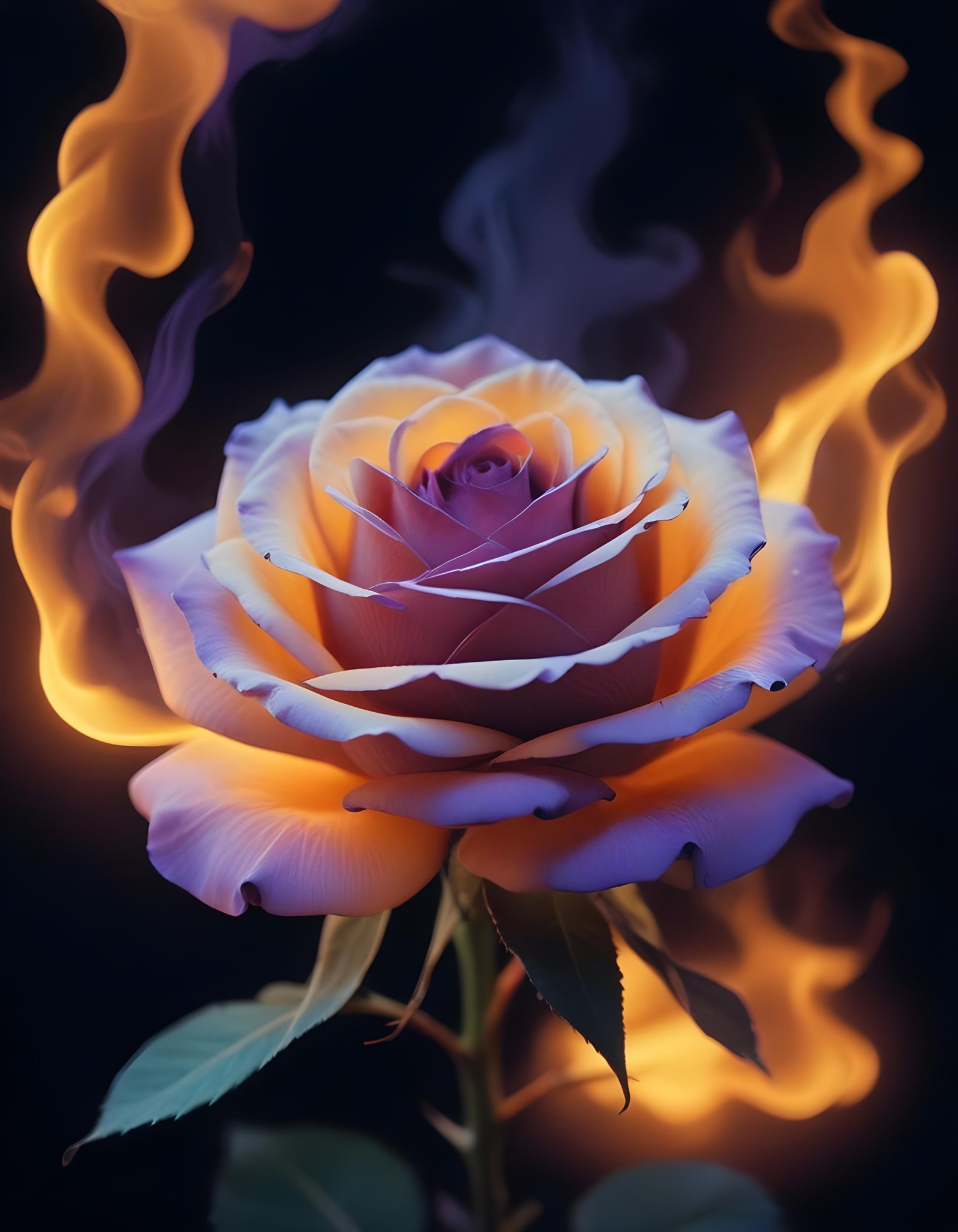 Fantasy Rose Flower with Fire and Glowing Flames Artistic Illustration