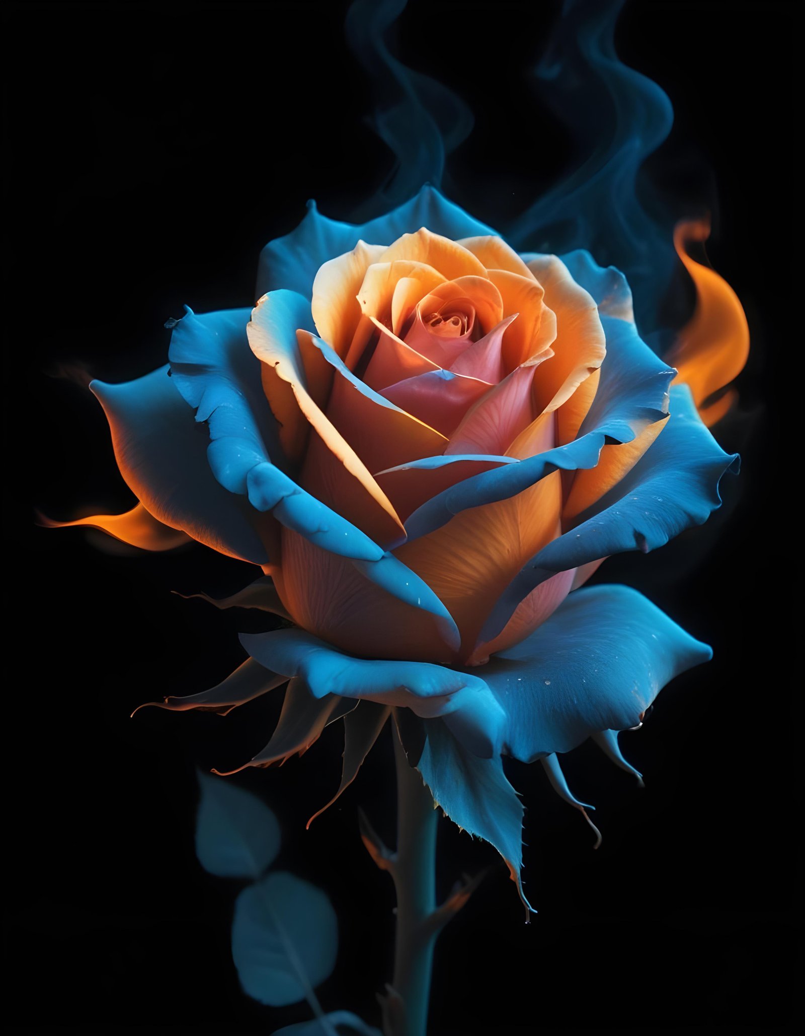 Fantasy Rose Flower with Fire and Glowing Flames Artistic Illustration