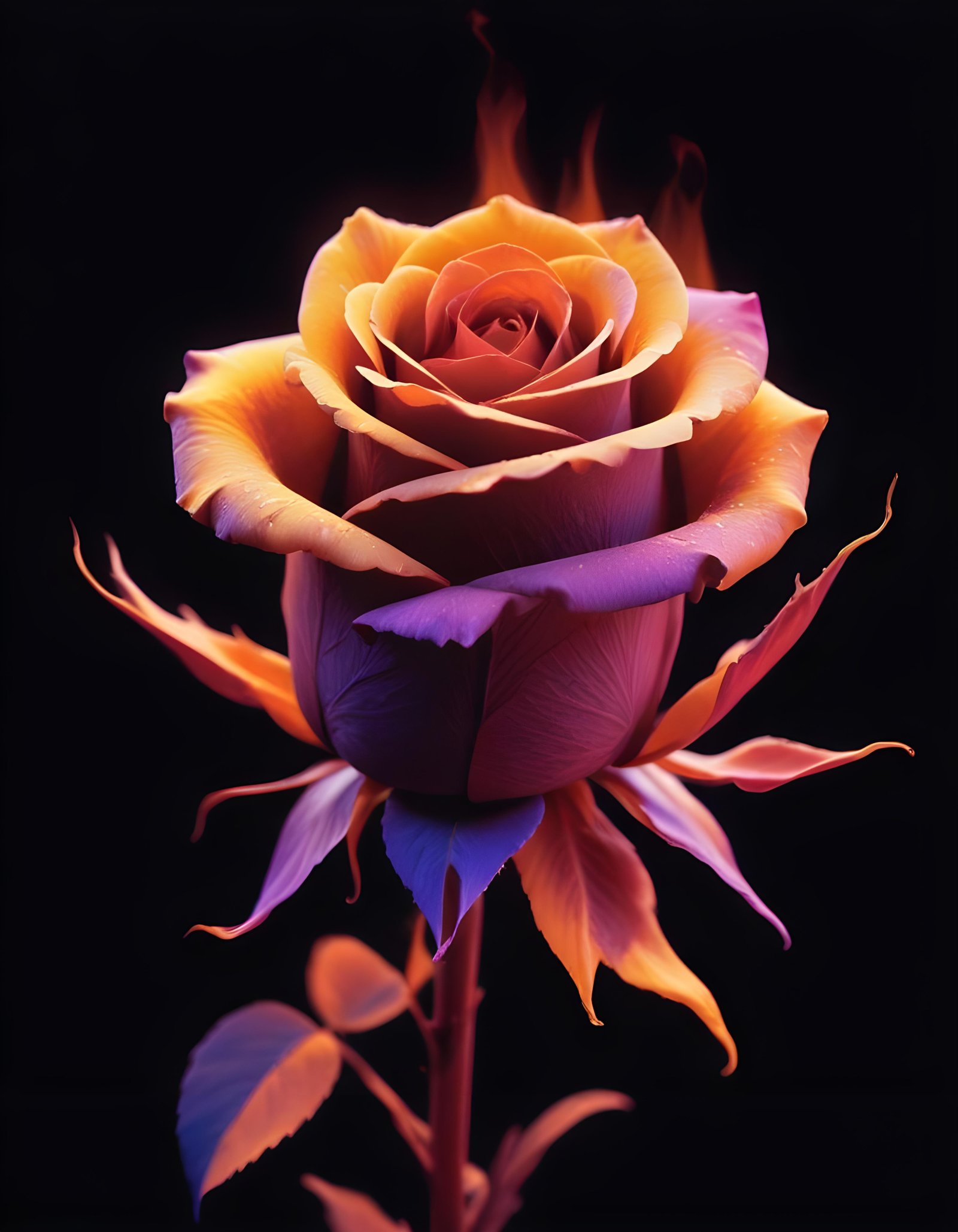Fantasy Rose Flower with Fire and Glowing Flames Artistic Illustration