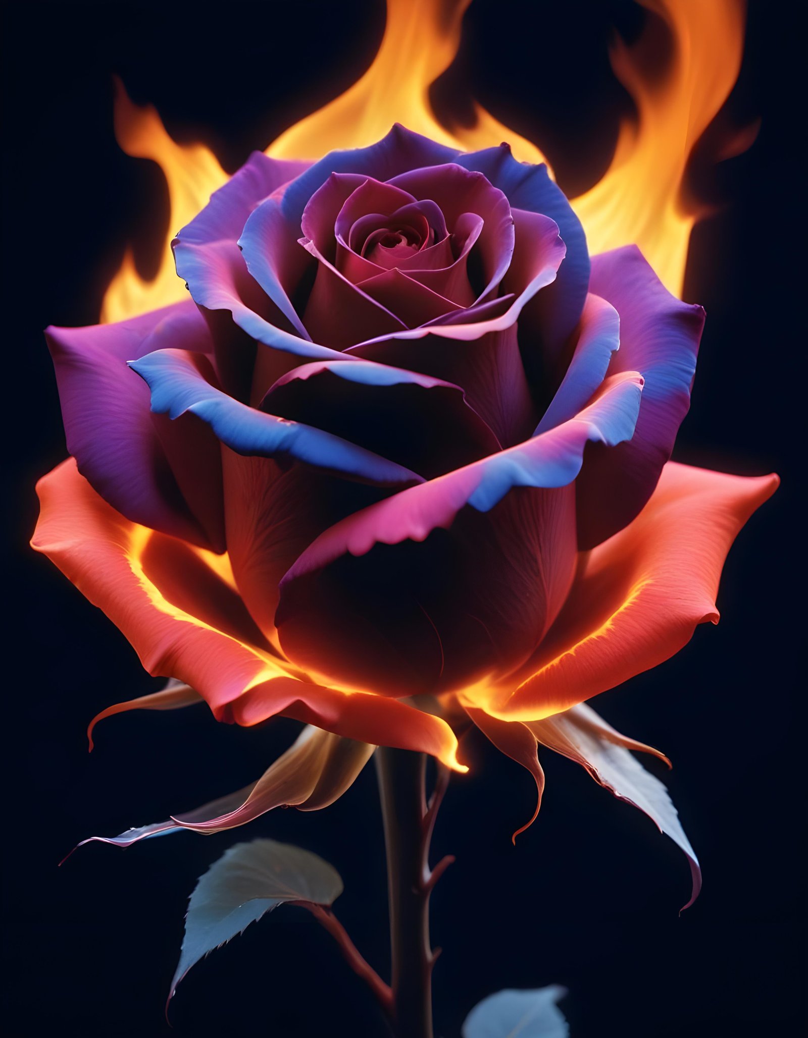 Fantasy Rose Flower with Fire and Glowing Flames Artistic Illustration