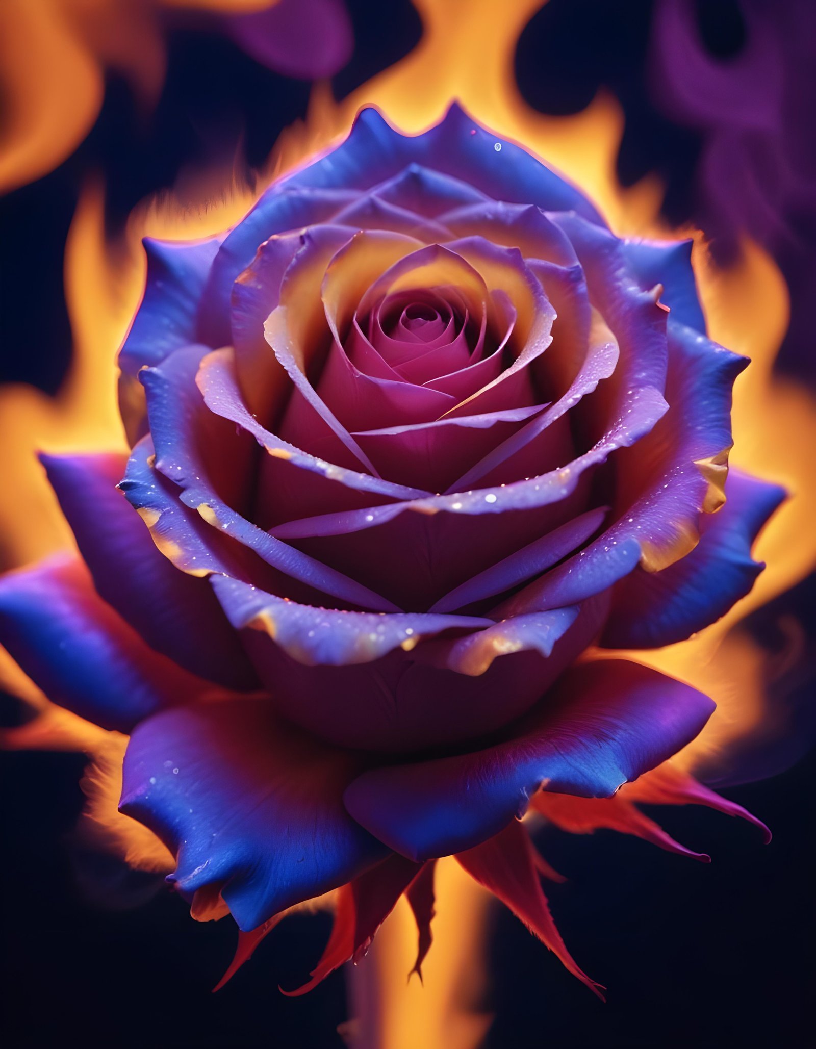 Fantasy Rose Flower with Fire and Glowing Flames Artistic Illustration