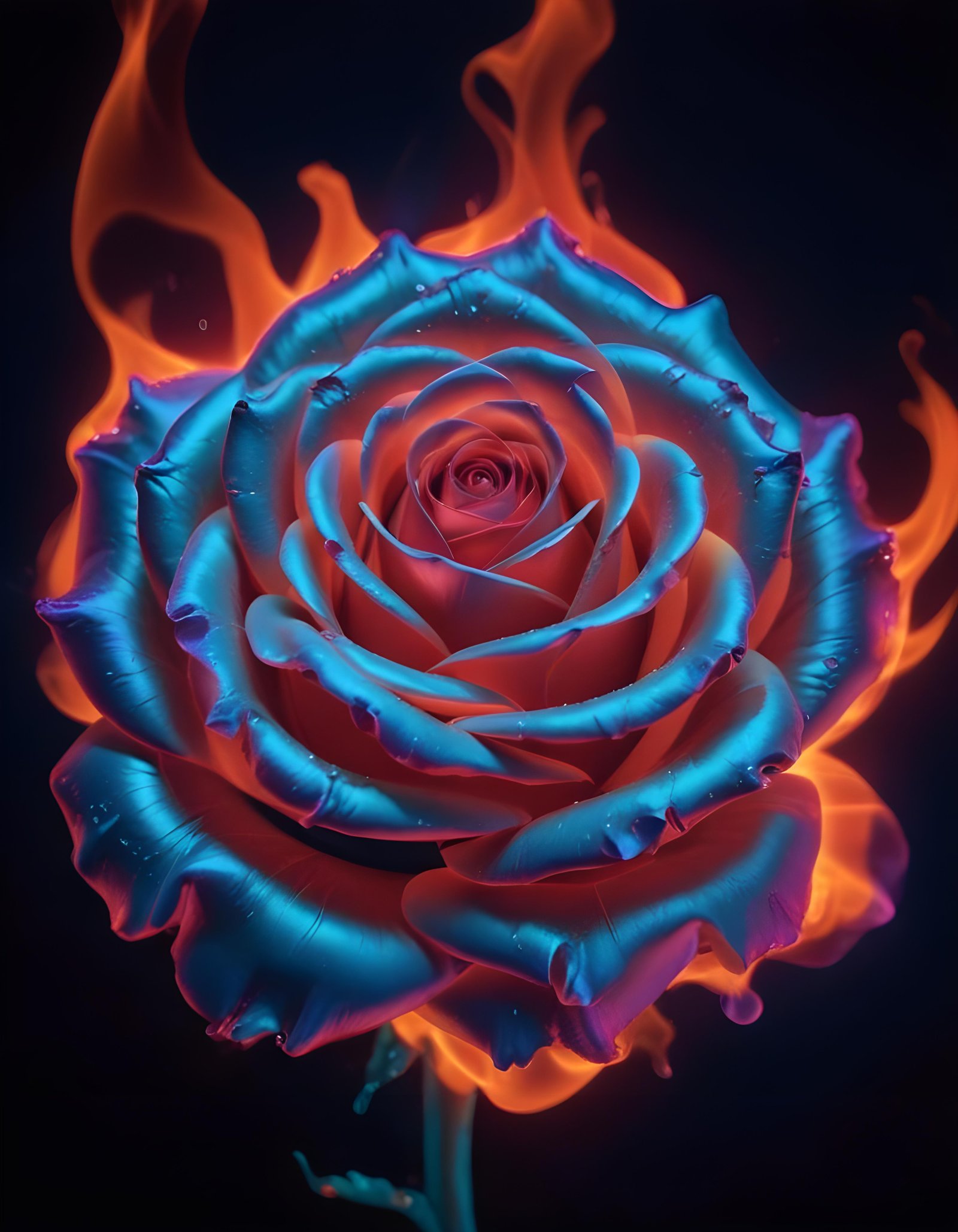 Fantasy Rose Flower with Fire and Glowing Flames Artistic Illustration