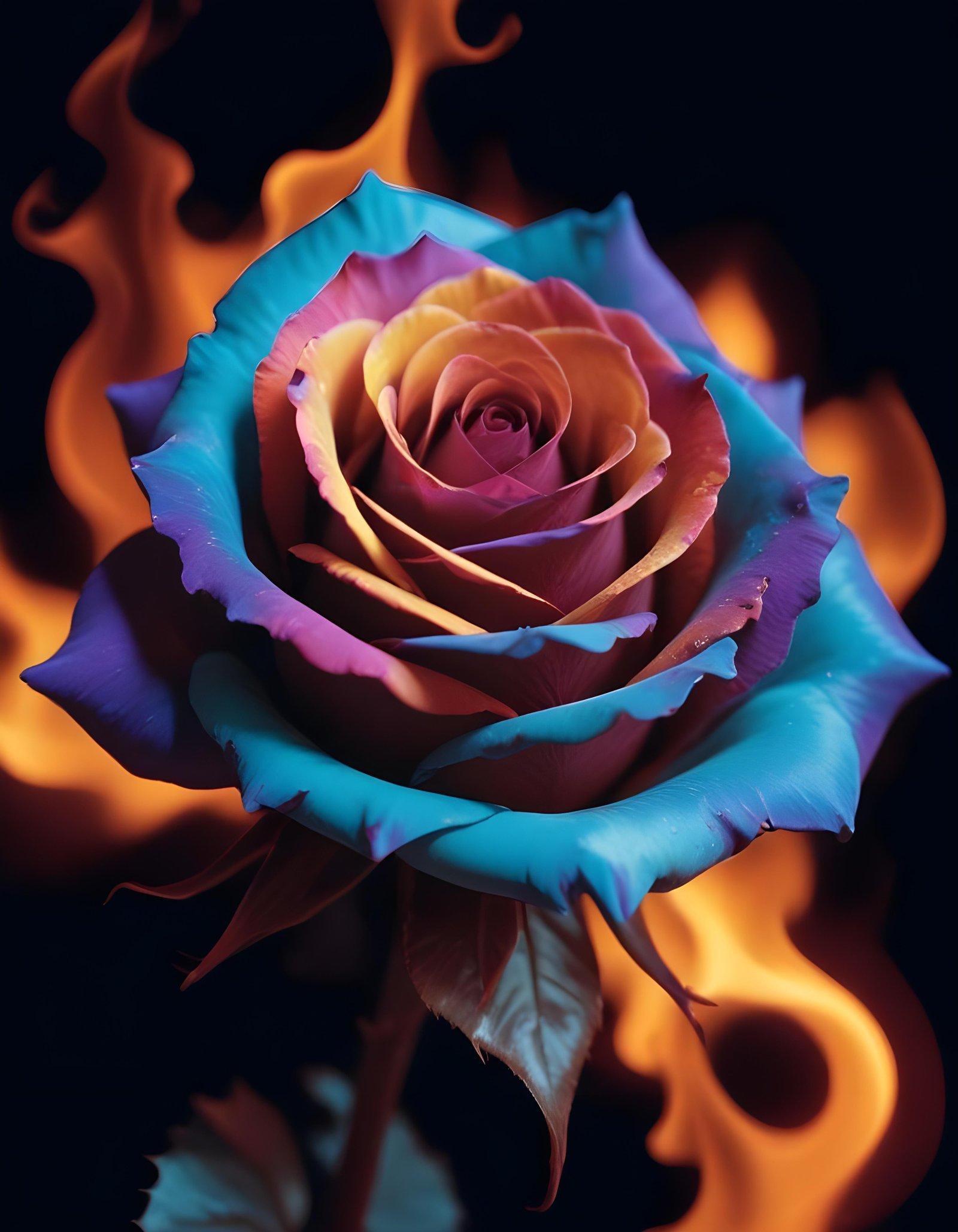 Fantasy Rose Flower with Fire and Glowing Flames Artistic Illustration