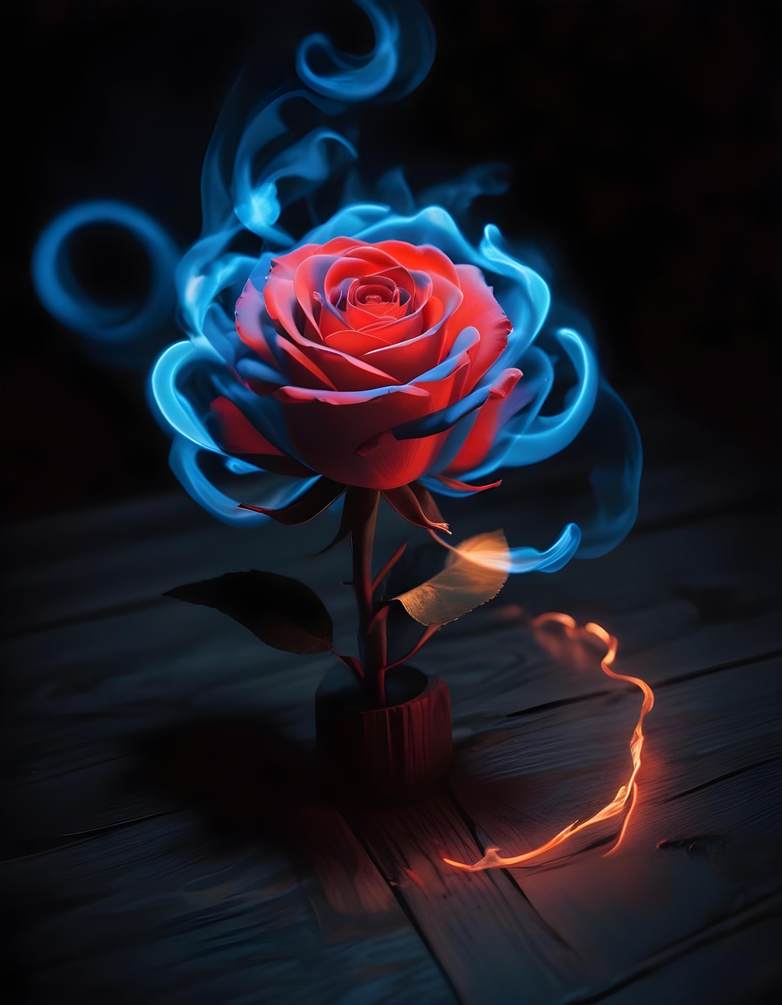 Fantasy Rose Flower with Fire and Glowing Flames Artistic Illustration