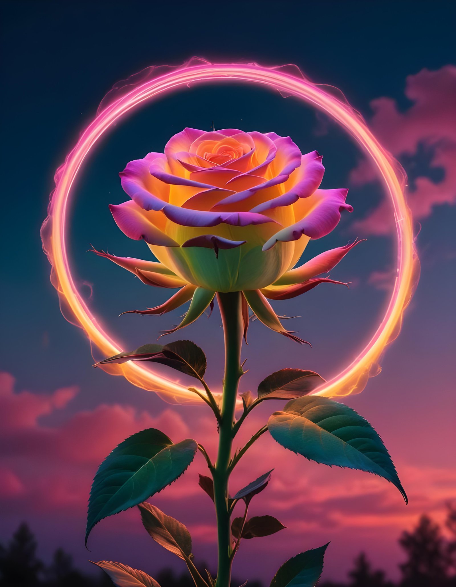 Fantasy Rose Flower with Fire and Glowing Flames Artistic Illustration
