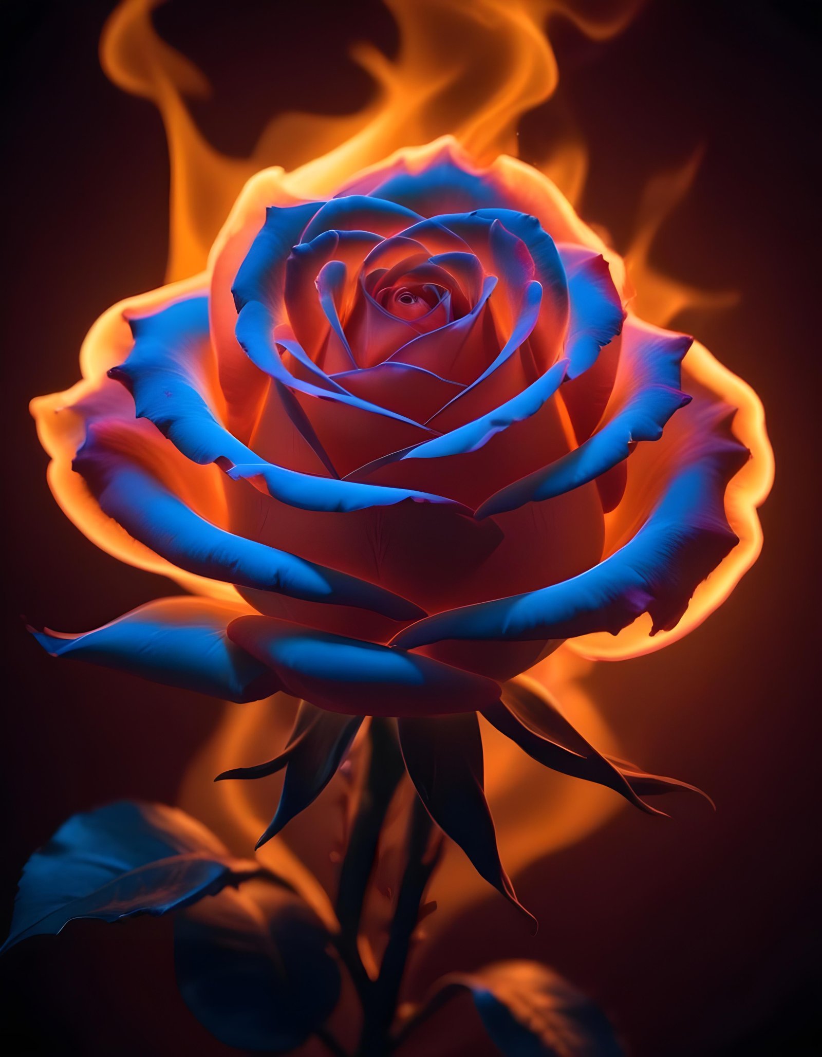 Fantasy Rose Flower with Fire and Glowing Flames Artistic Illustration