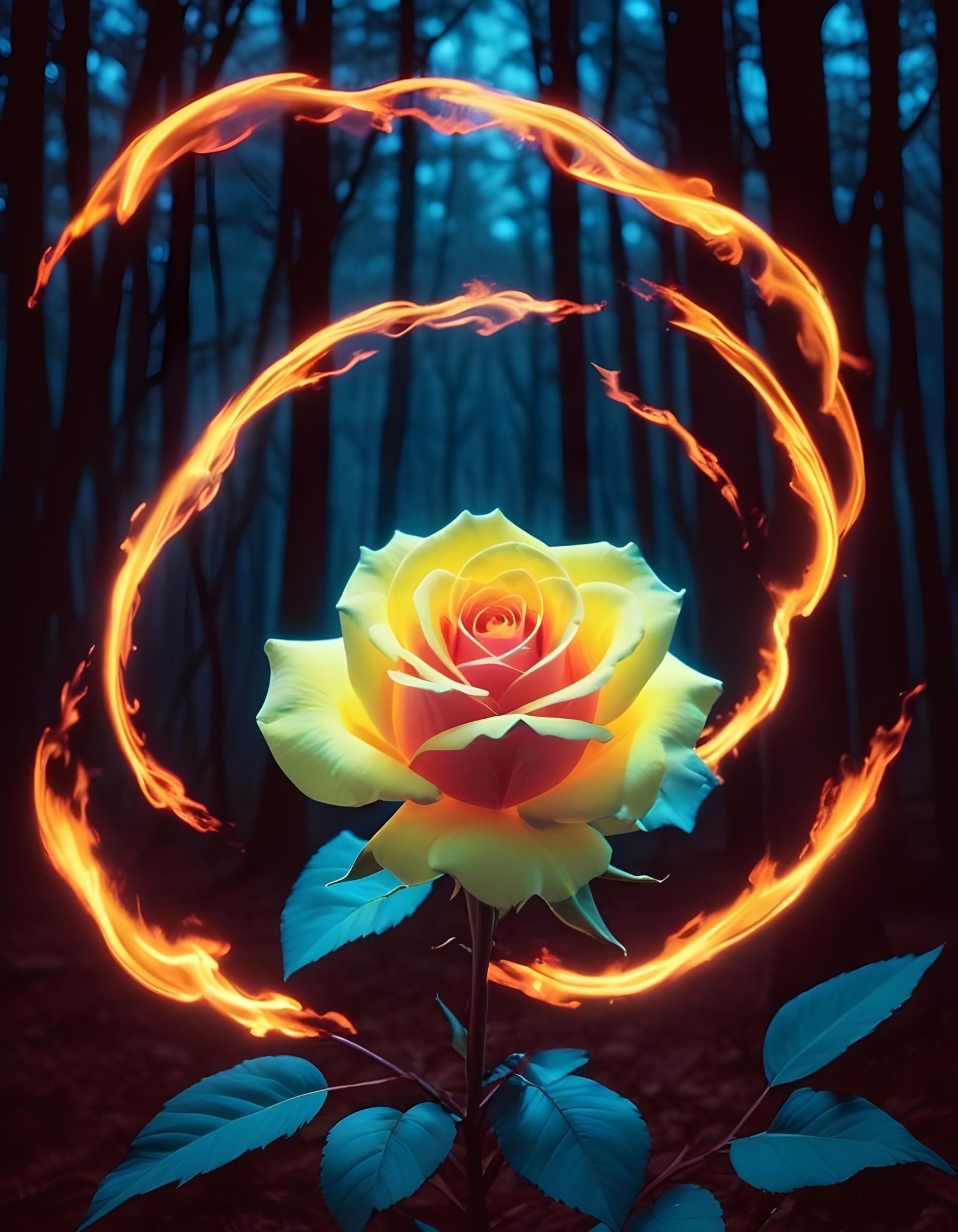 Fantasy Rose Flower with Fire and Glowing Flames Artistic Illustration