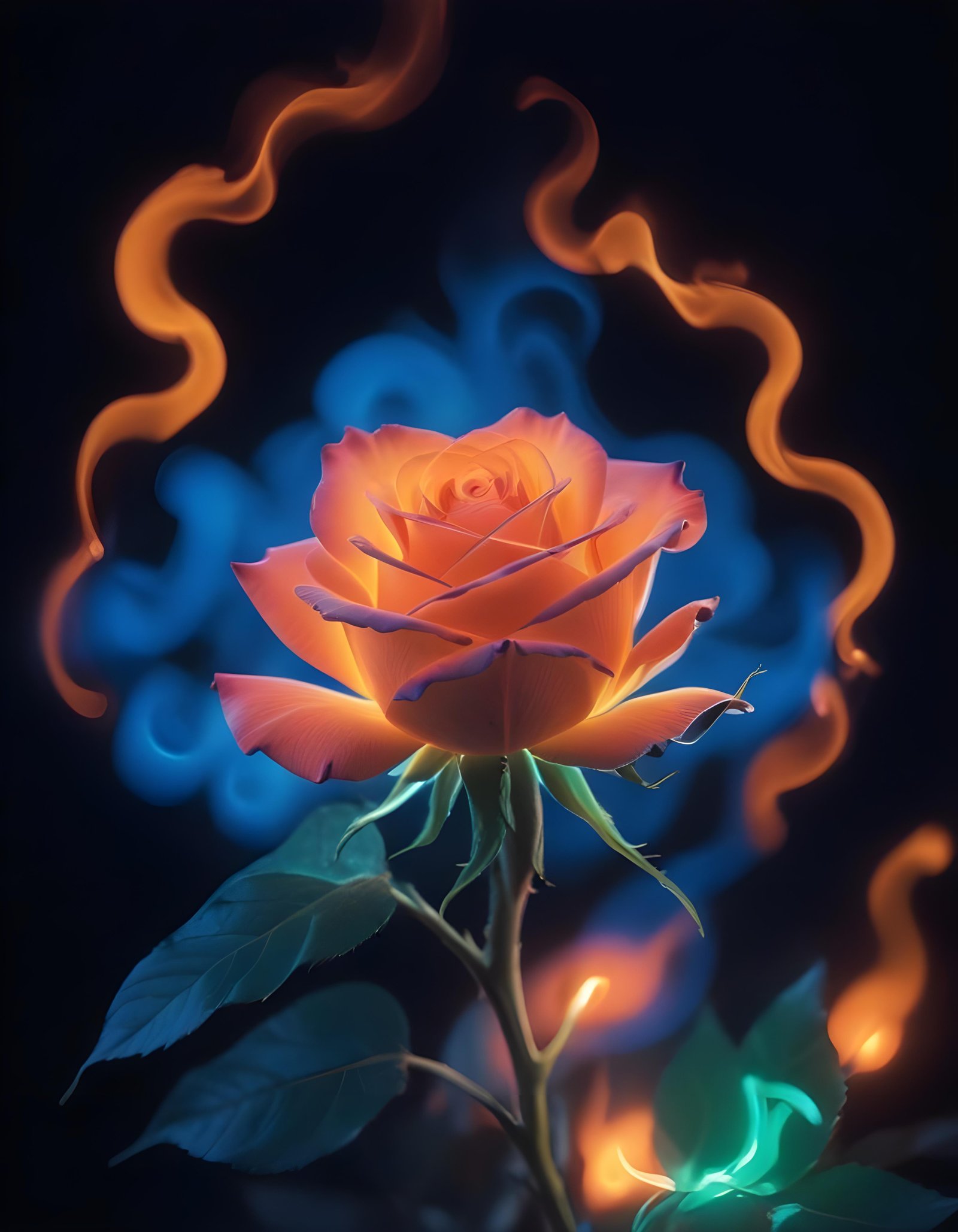 Fantasy Rose Flower with Fire and Glowing Flames Artistic Illustration