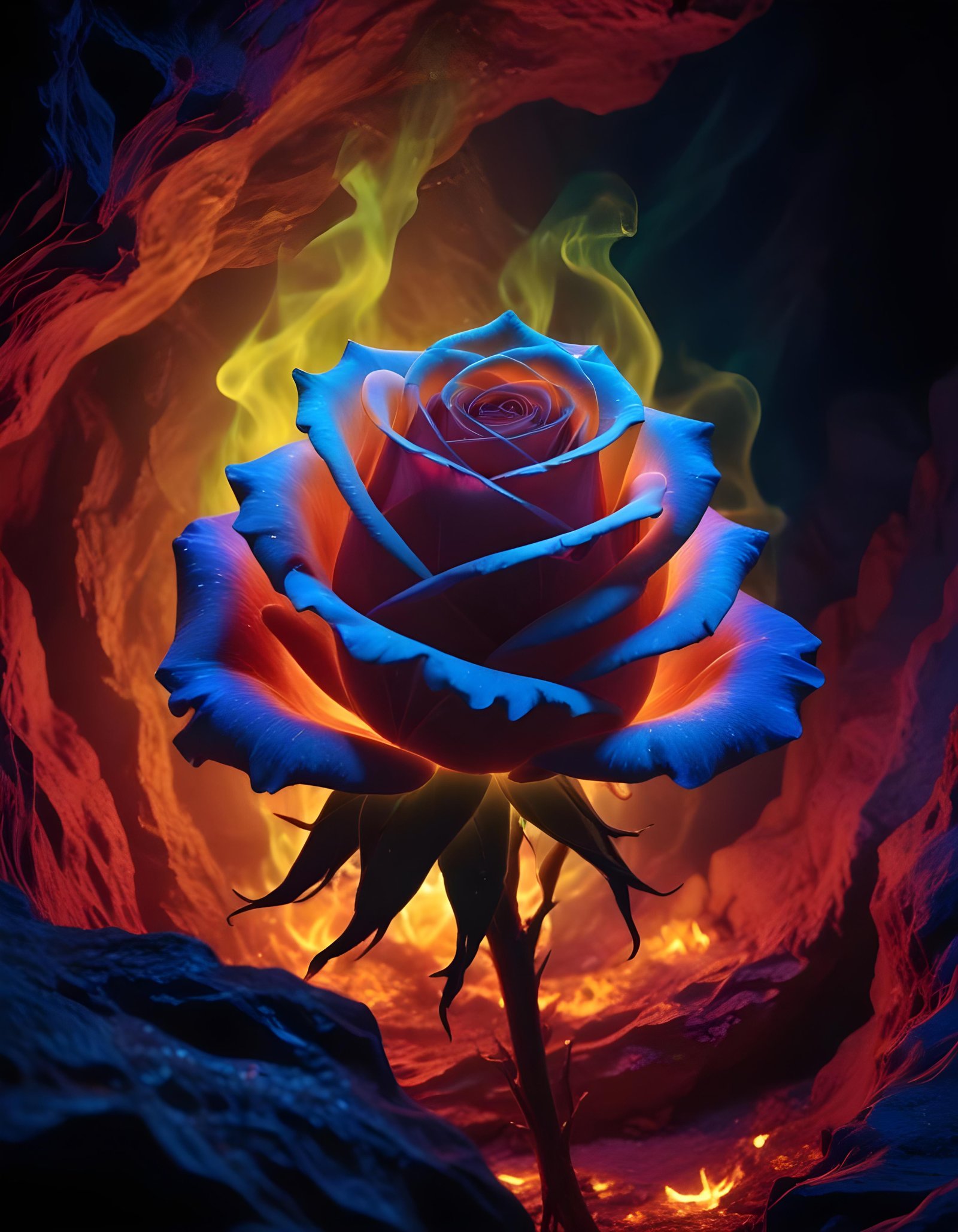 Fantasy Rose Flower with Fire and Glowing Flames Artistic Illustration