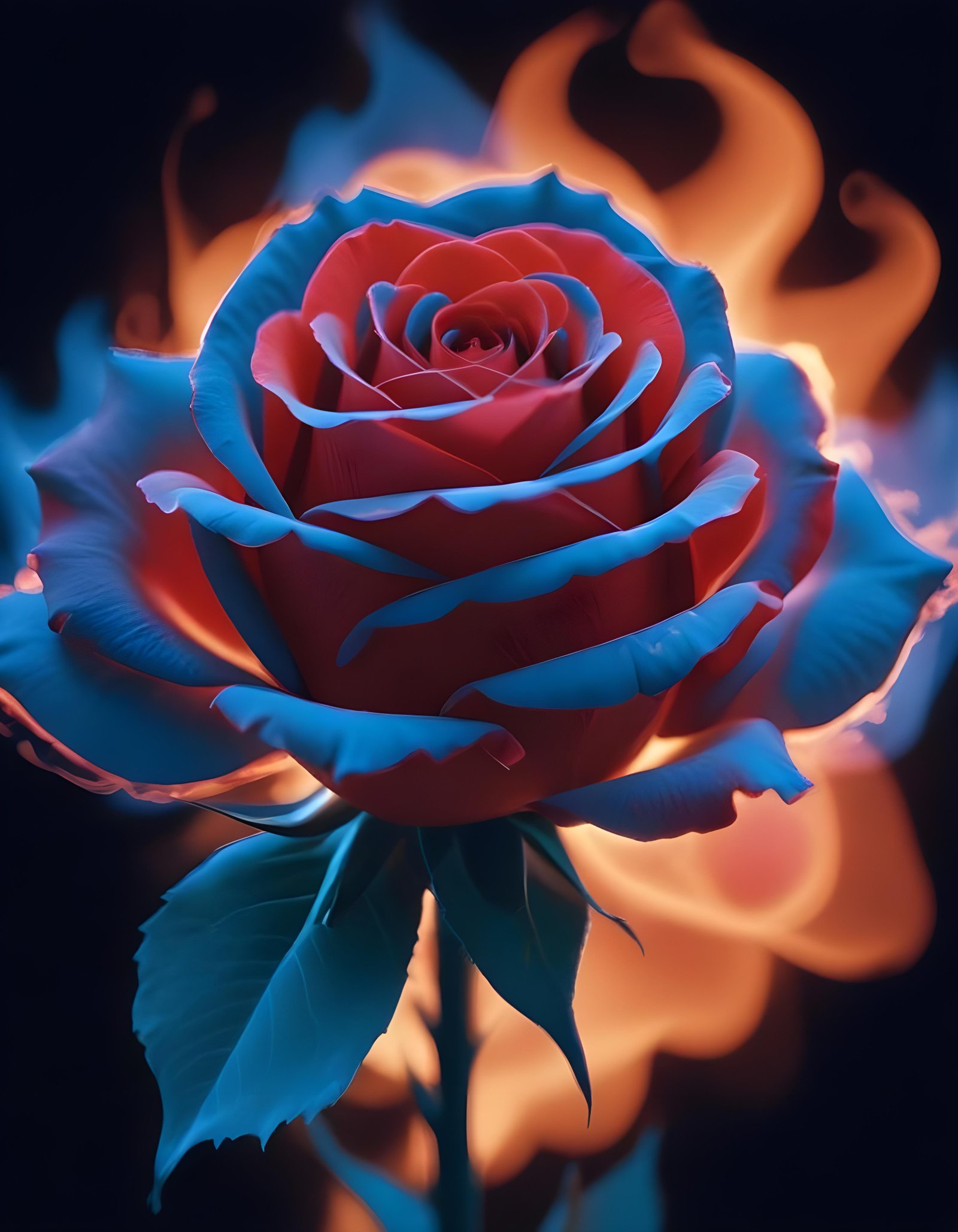 Fantasy Rose Flower with Fire and Glowing Flames Artistic Illustration