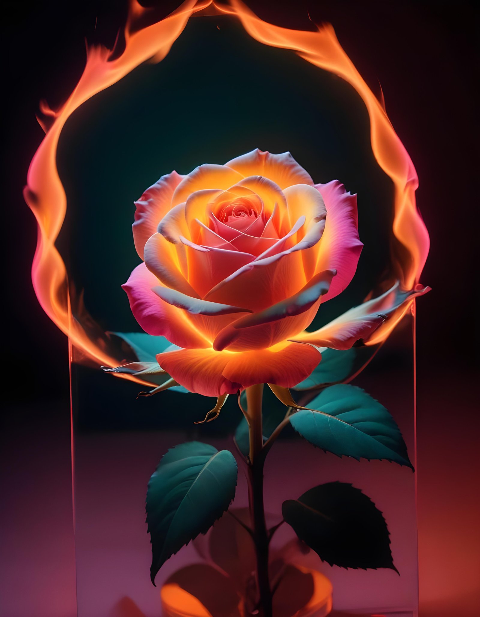 Fantasy Rose Flower with Fire and Glowing Flames Artistic Illustration