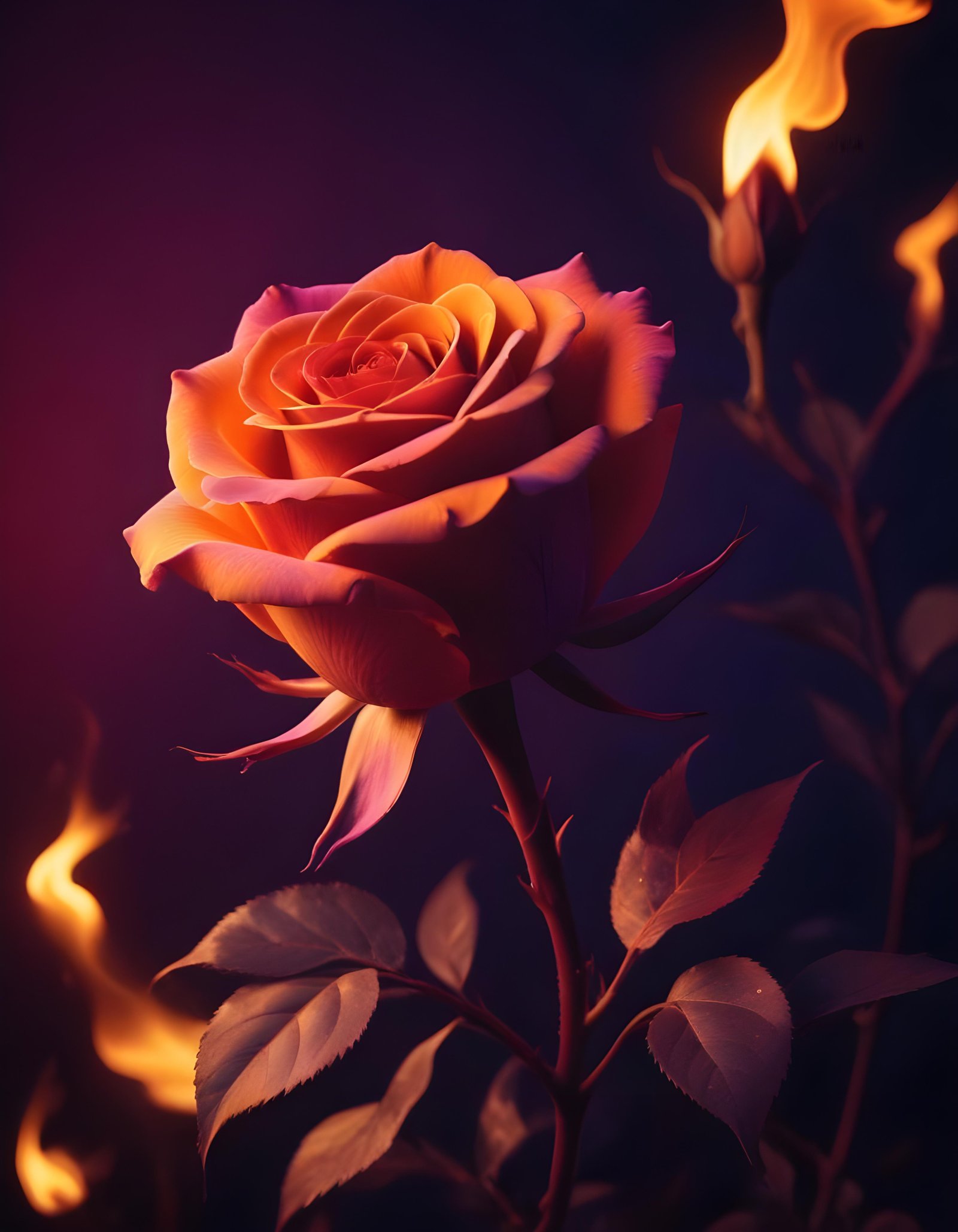 Fantasy Rose Flower with Fire and Glowing Flames Artistic Illustration