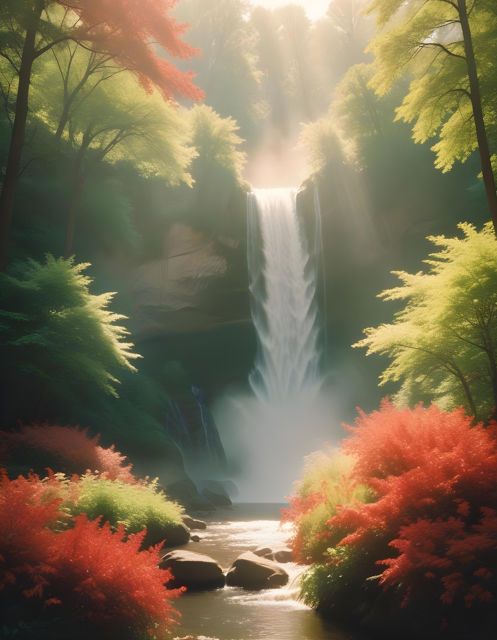 Majestic Waterfall Landscape with Lush Forest and Crystal Clear Water