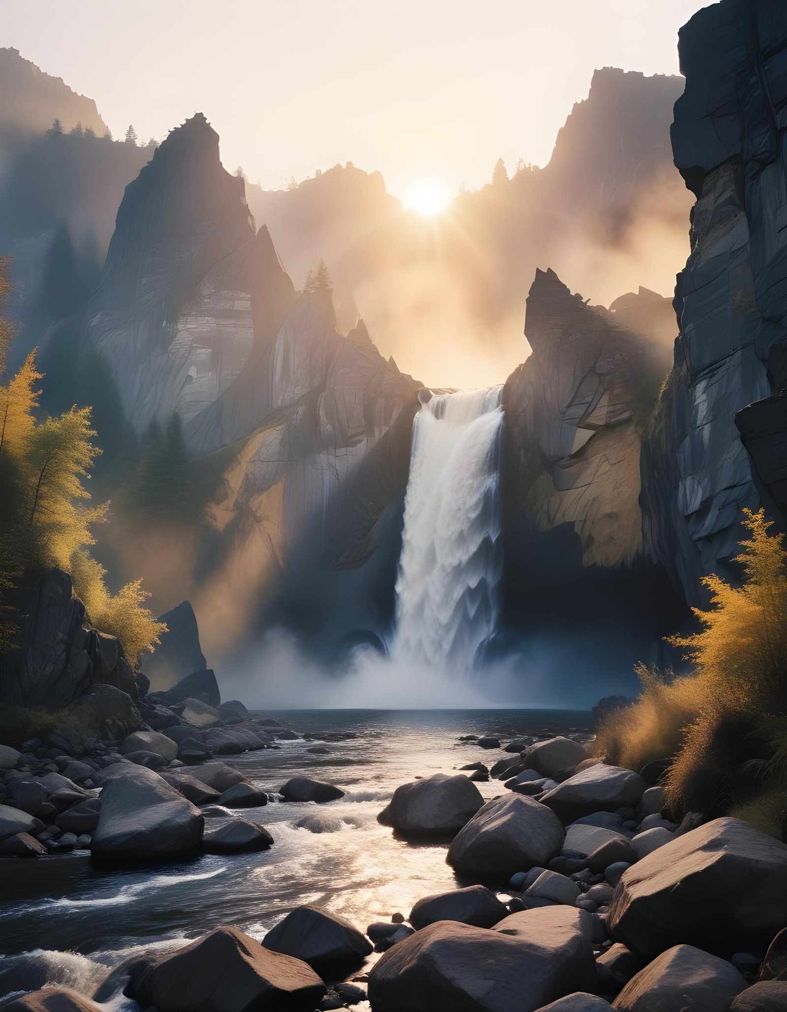 Majestic Waterfall Landscape with Lush Forest and Crystal Clear Water