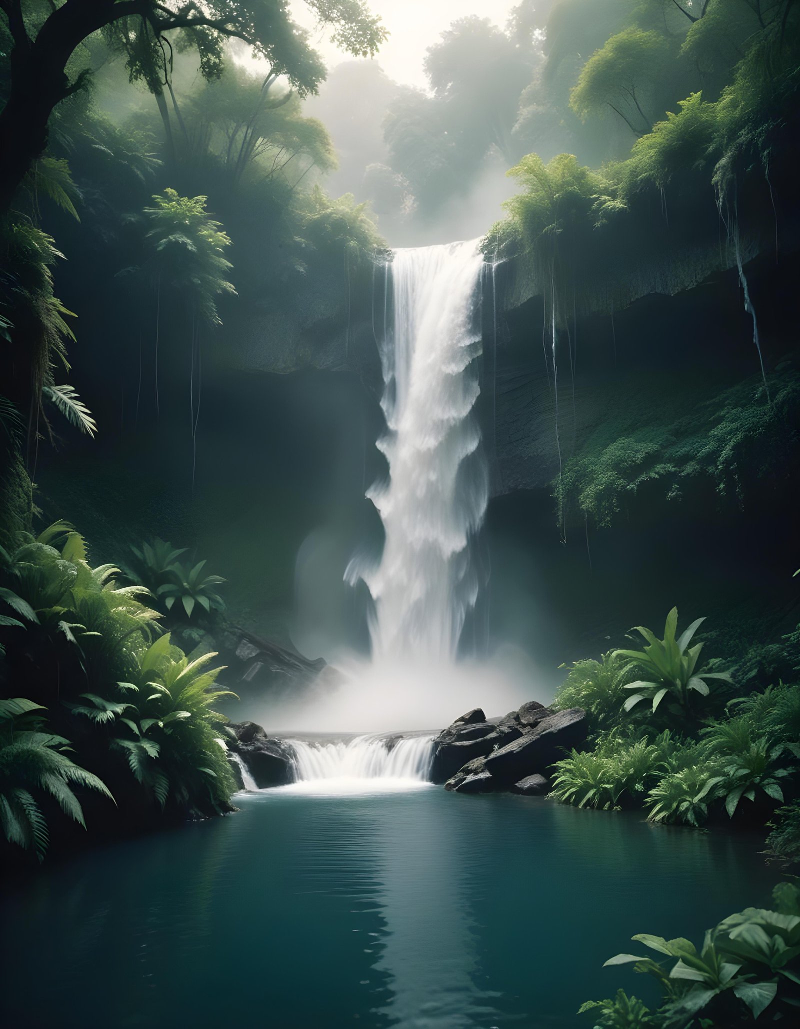 Majestic Waterfall Landscape with Lush Forest and Crystal Clear Water