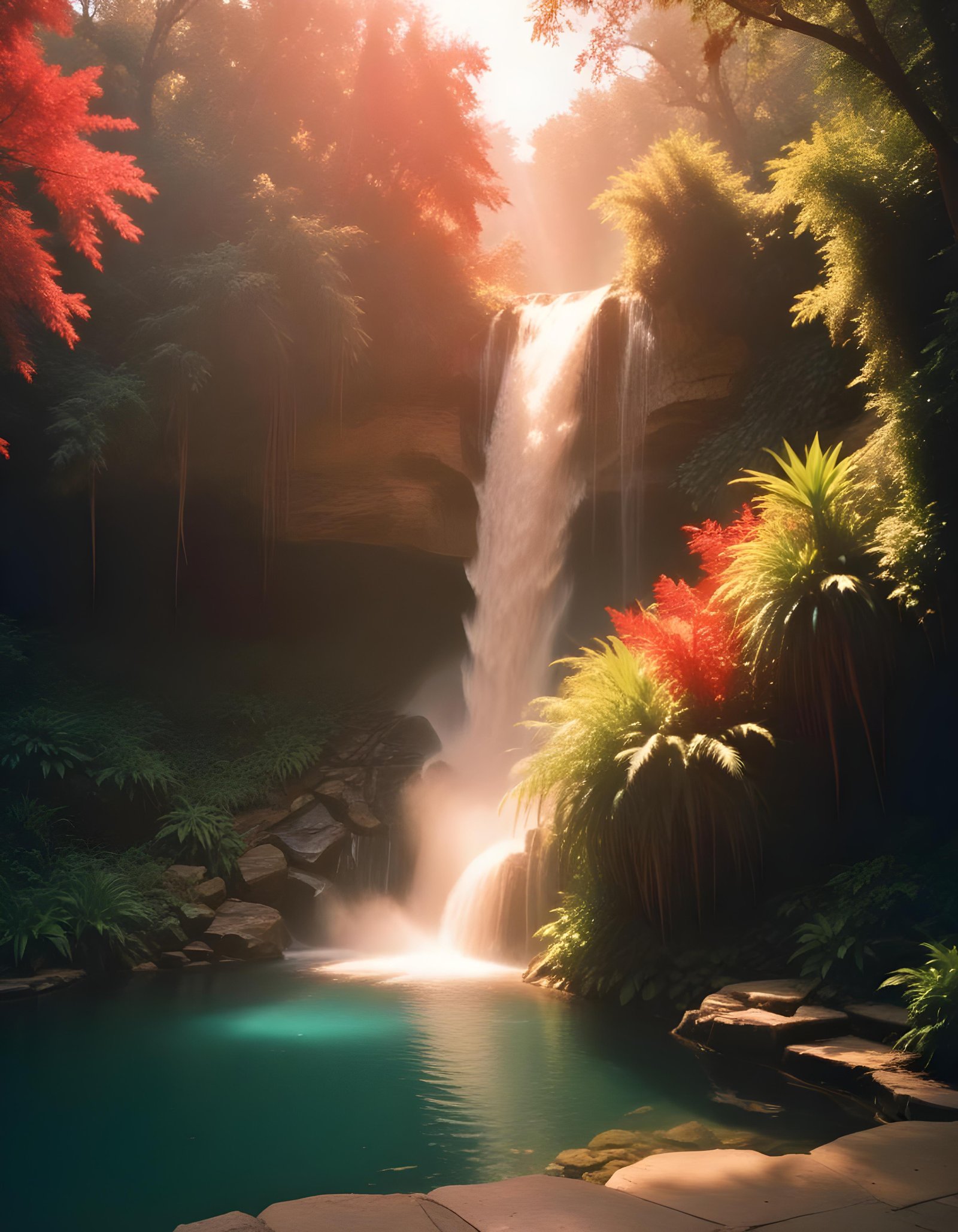 Majestic Waterfall Landscape with Lush Forest and Crystal Clear Water