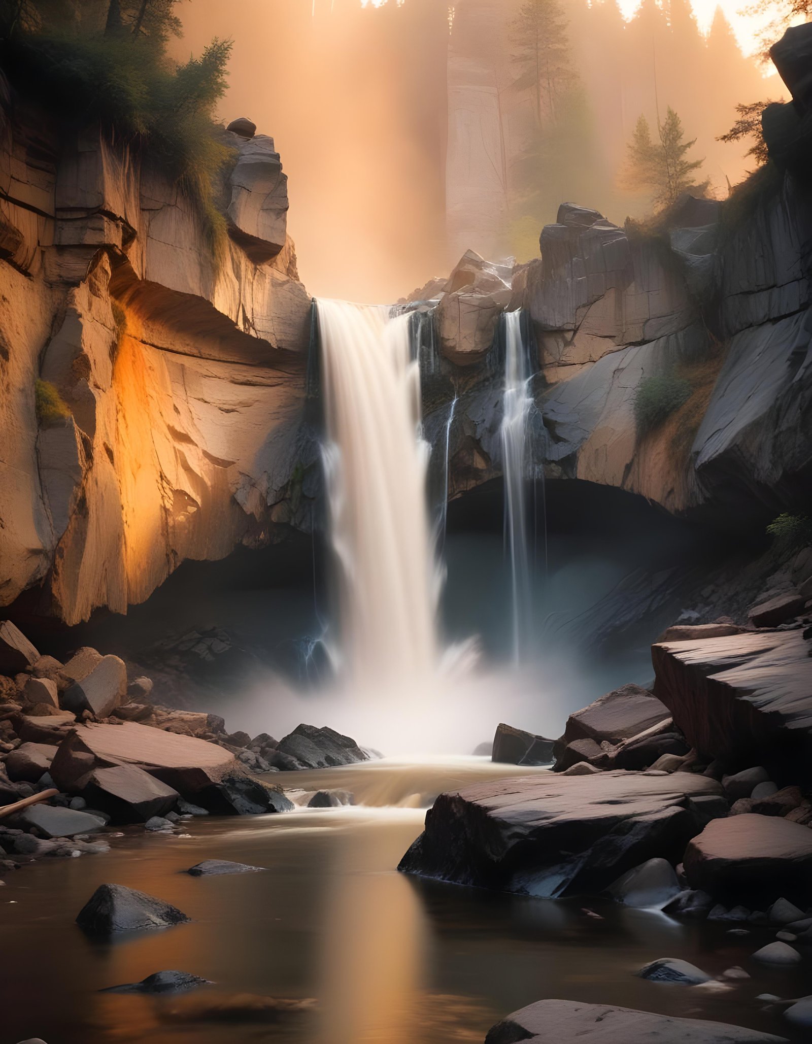 Majestic Waterfall Landscape with Lush Forest and Crystal Clear Water