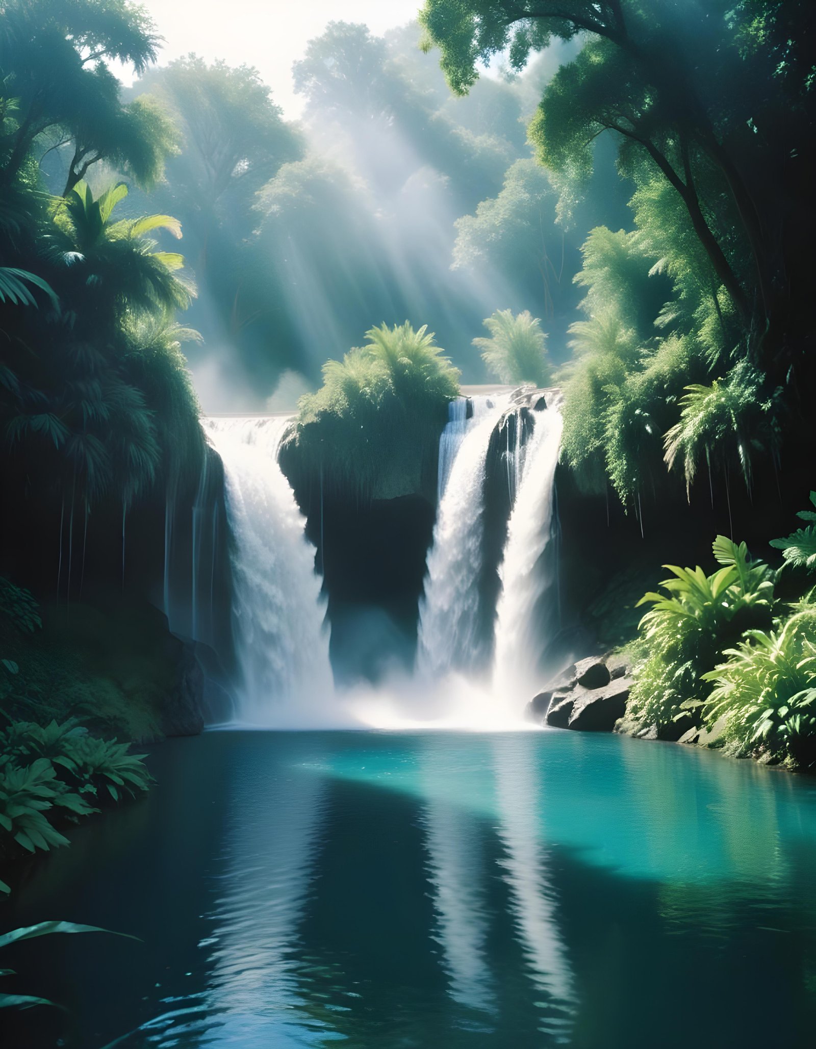 Majestic Waterfall Landscape with Lush Forest and Crystal Clear Water