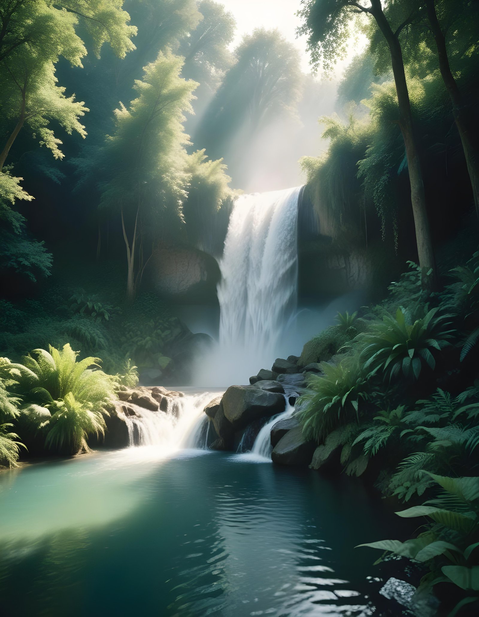 Majestic Waterfall Landscape with Lush Forest and Crystal Clear Water