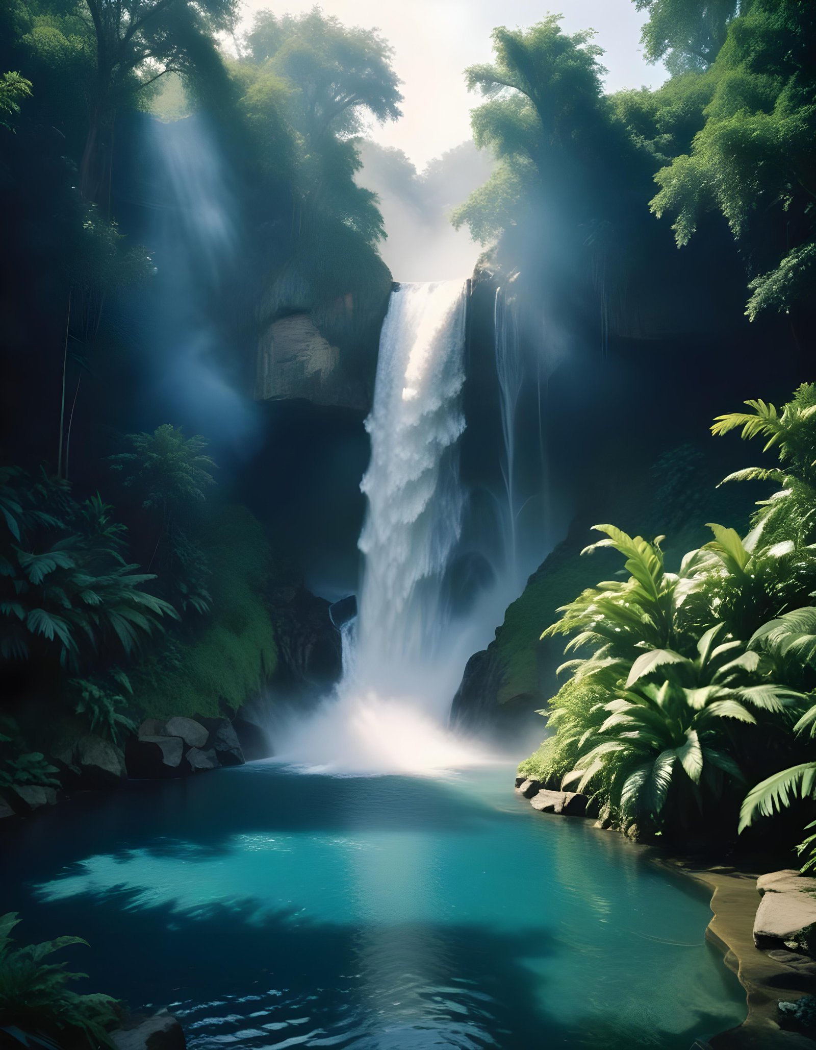 Majestic Waterfall Landscape with Lush Forest and Crystal Clear Water