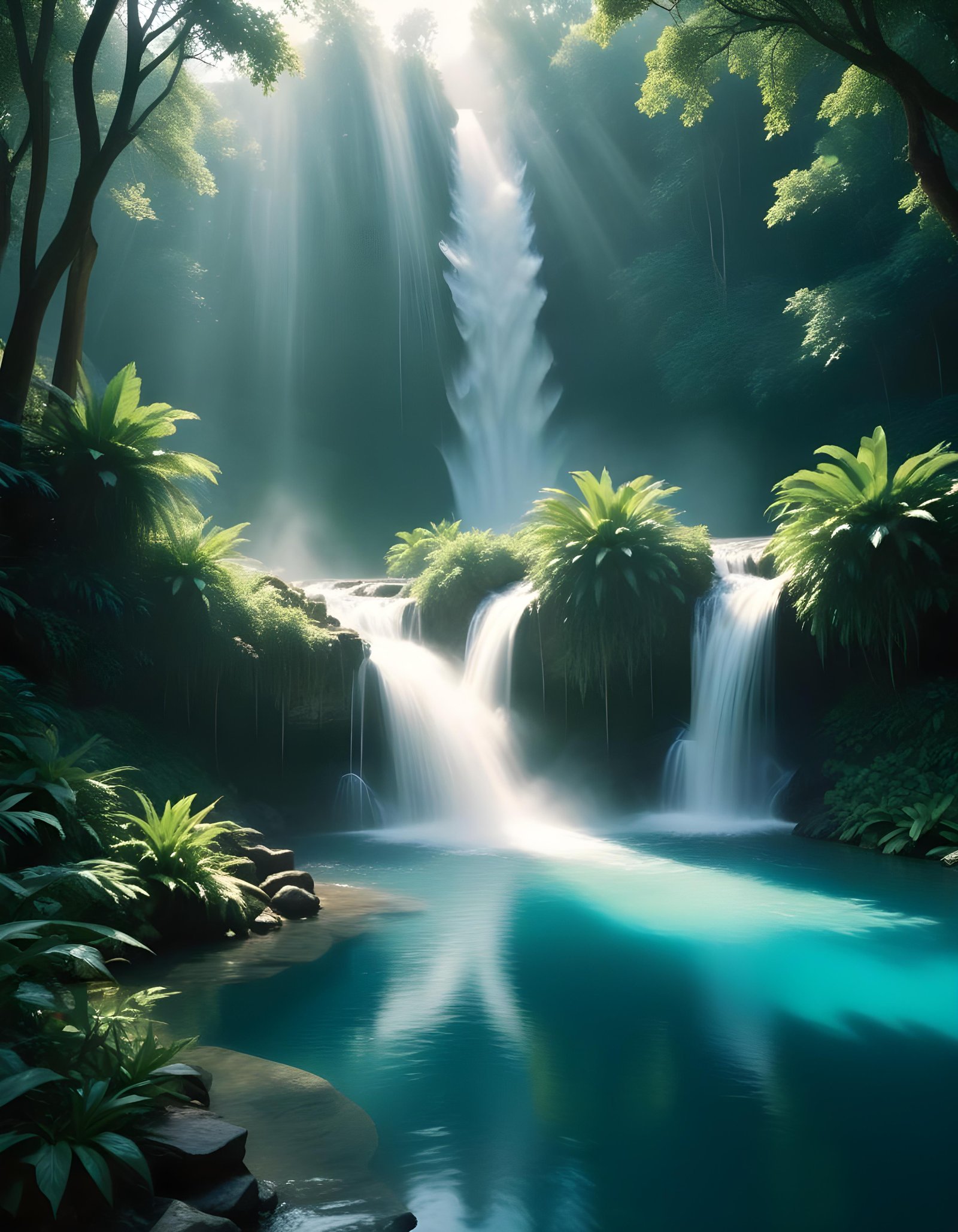 Majestic Waterfall Landscape with Lush Forest and Crystal Clear Water
