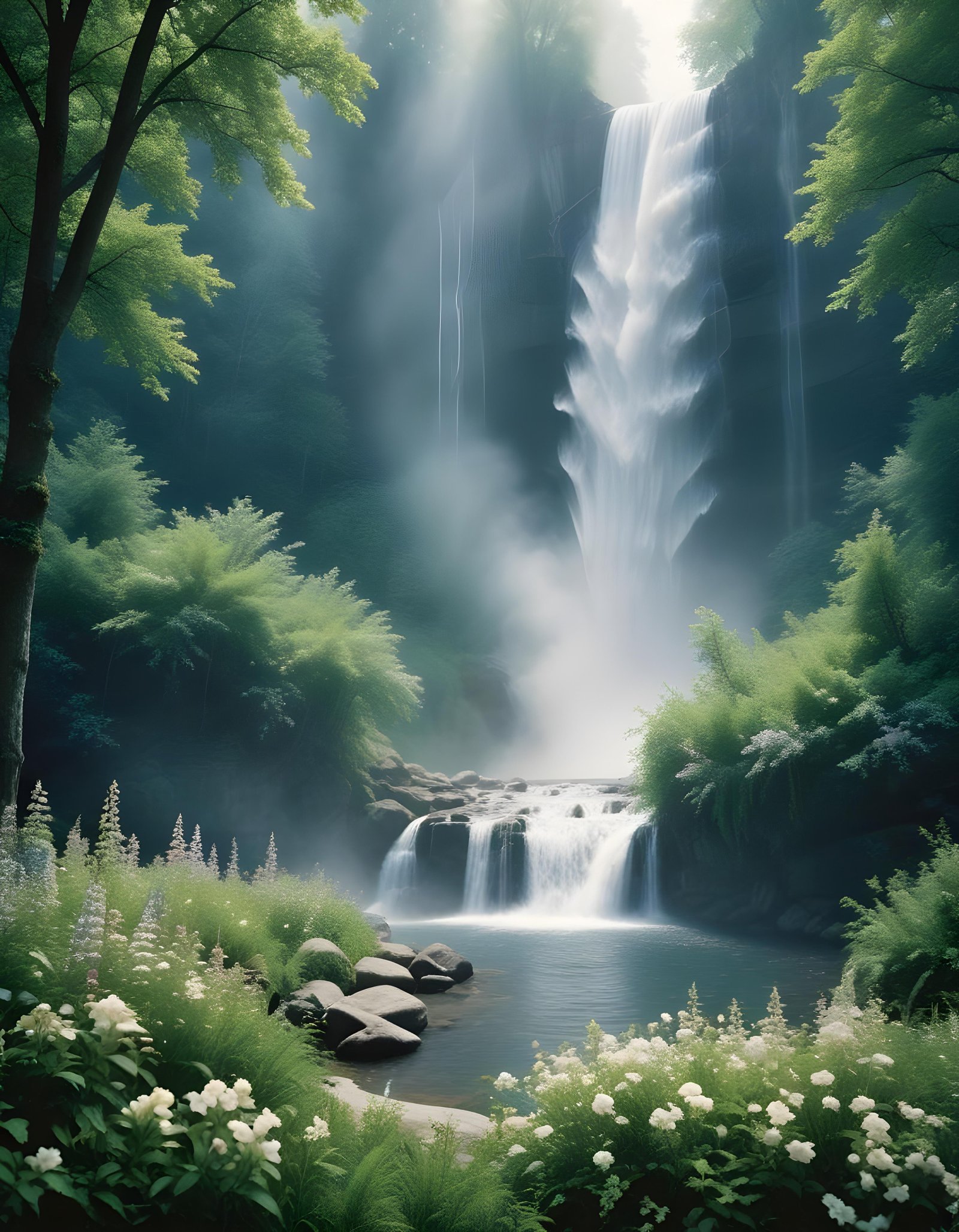 Majestic Waterfall Landscape with Lush Forest and Crystal Clear Water