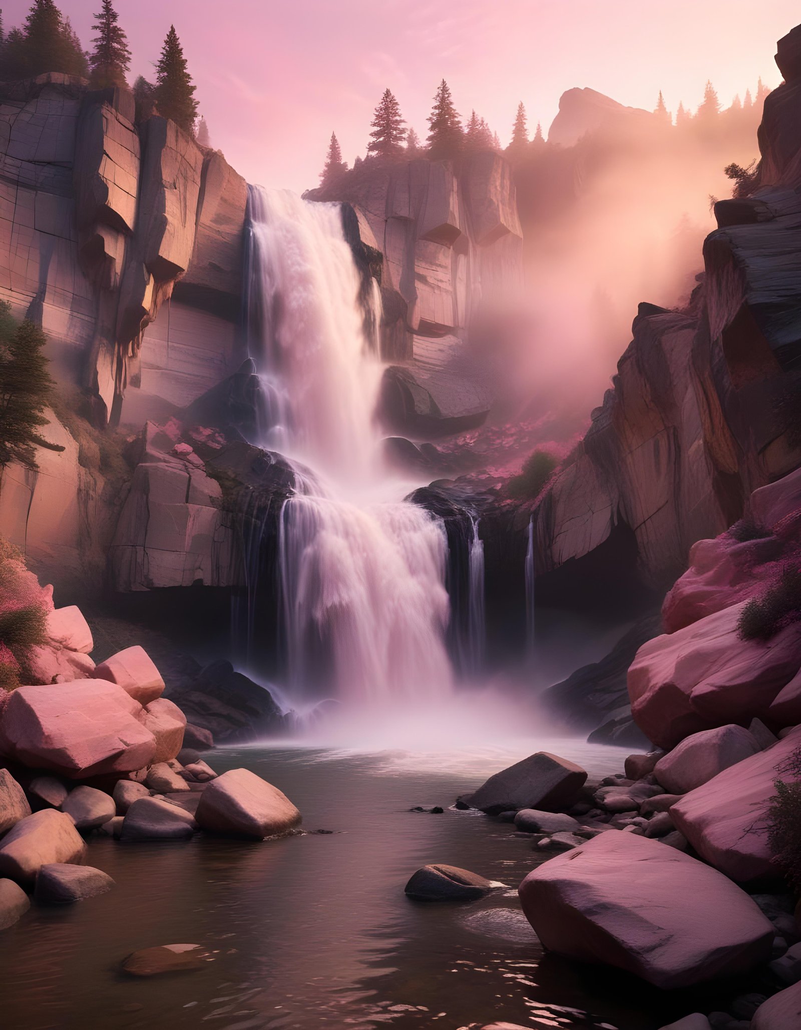 Majestic Waterfall Landscape with Lush Forest and Crystal Clear Water
