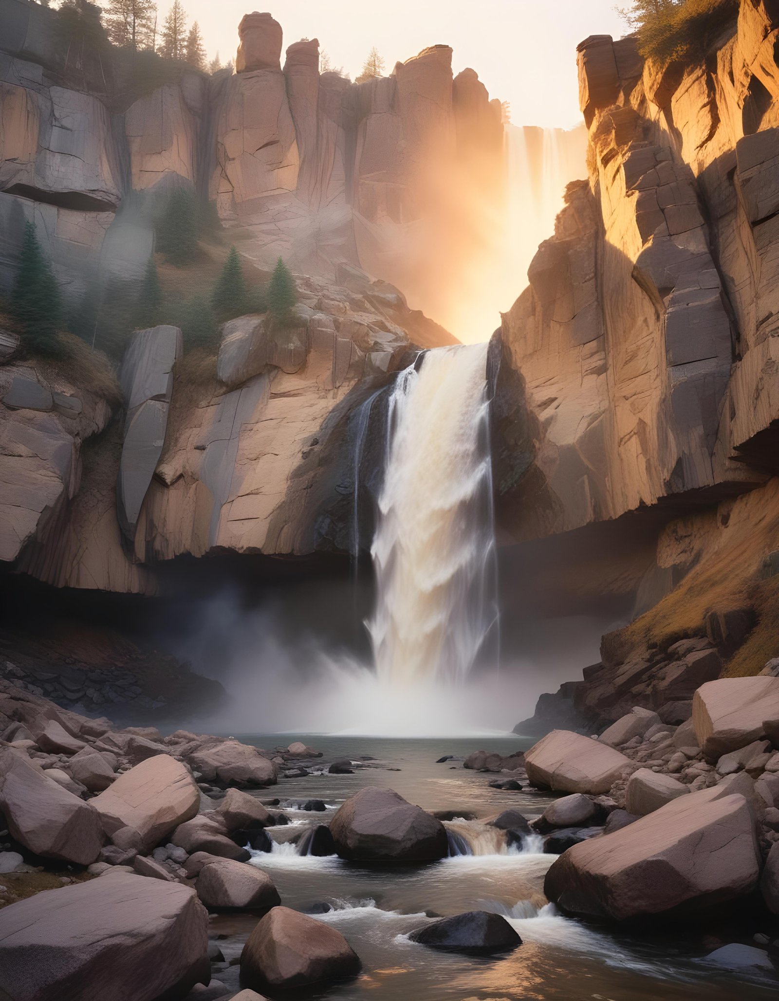 Majestic Waterfall Landscape with Lush Forest and Crystal Clear Water