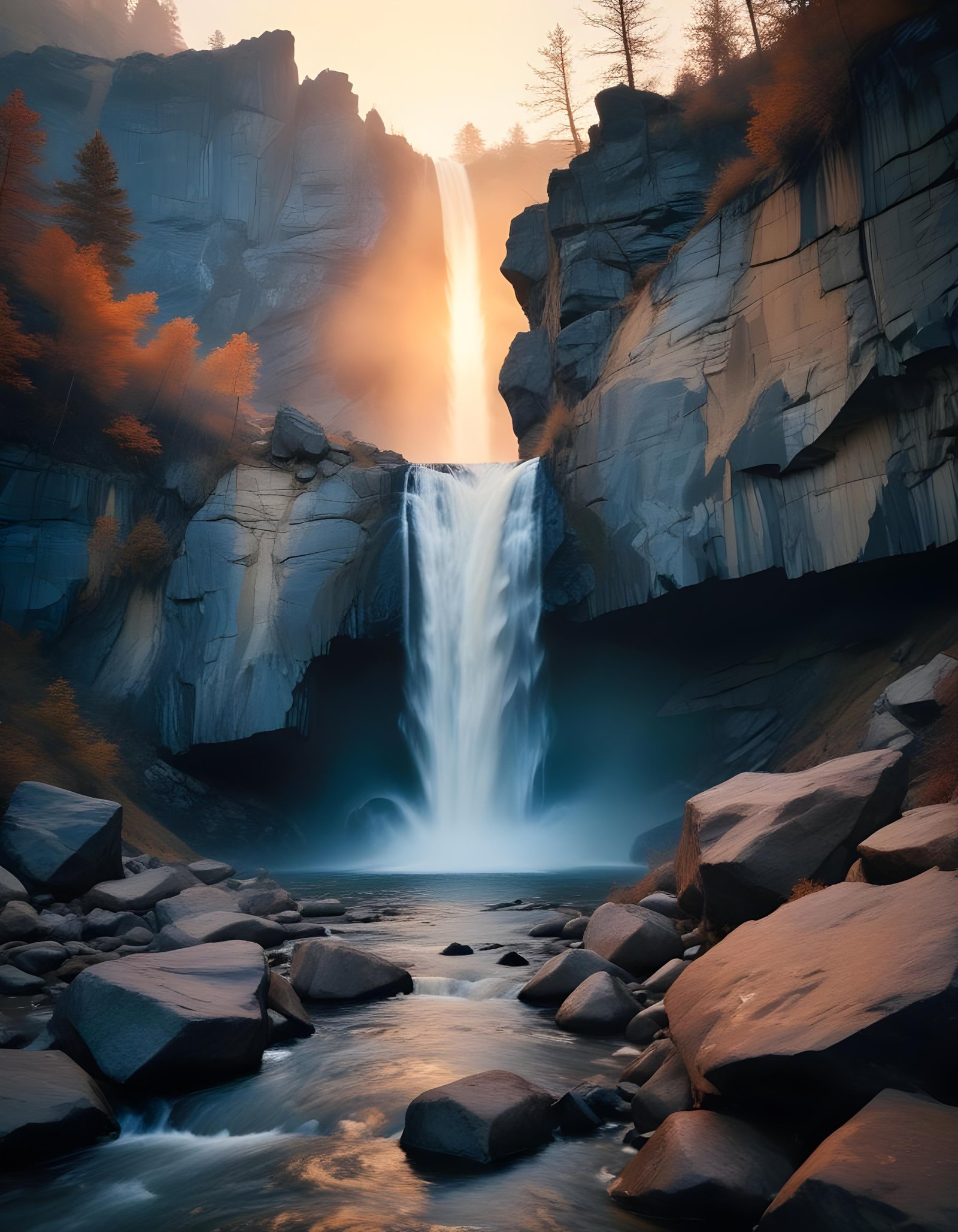 Majestic Waterfall Landscape with Lush Forest and Crystal Clear Water