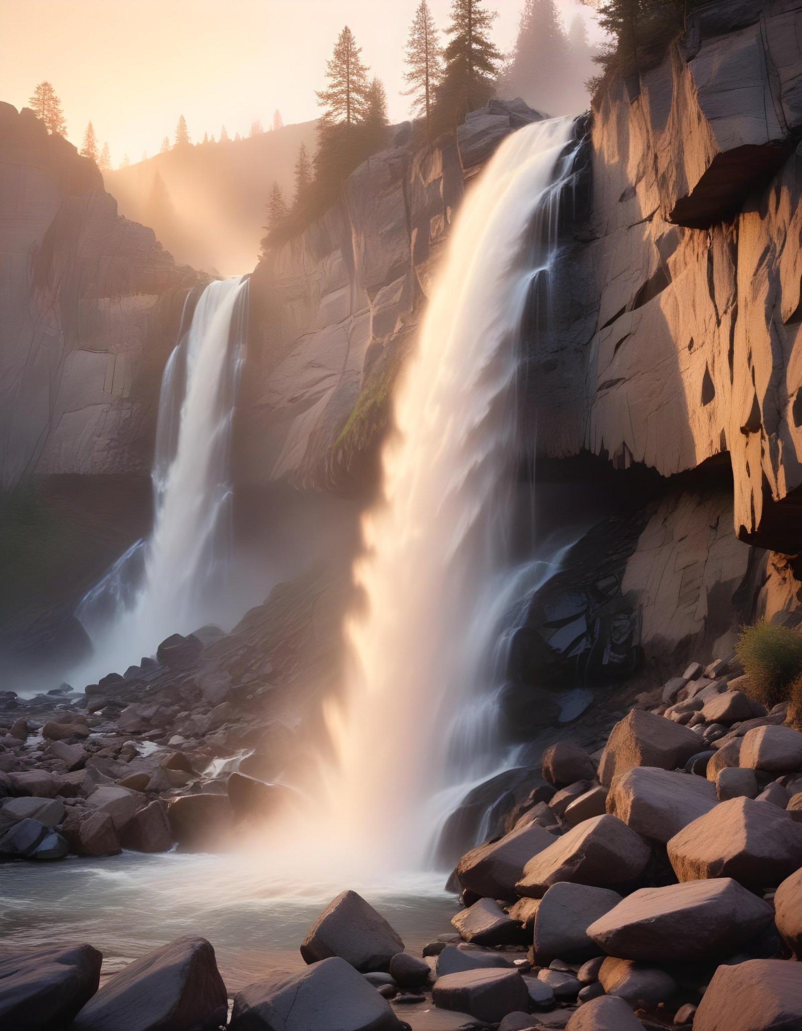 Majestic Waterfall Landscape with Lush Forest and Crystal Clear Water